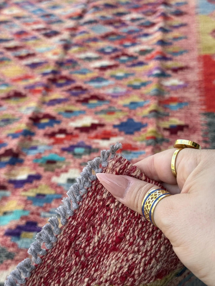 3x7 (91x1213) Handmade Afghan Kilim Rug | Rose Salmon Blush Pink Brick Wine Garnet Red Orange Denim Aqua Blue Olive Green Grey Yellow Cream