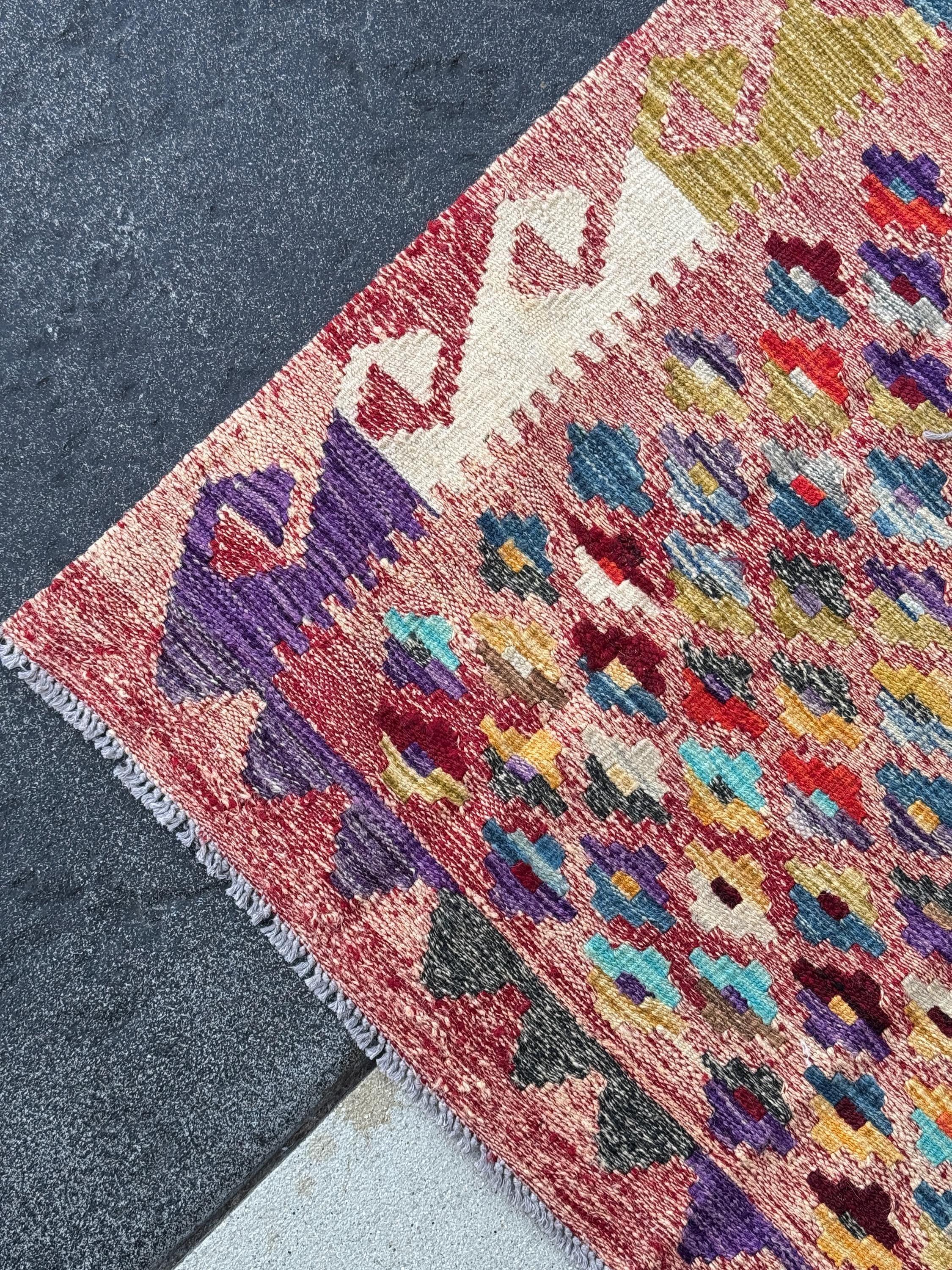 3x7 (91x1213) Handmade Afghan Kilim Rug | Rose Salmon Blush Pink Brick Wine Garnet Red Orange Denim Aqua Blue Olive Green Grey Yellow Cream