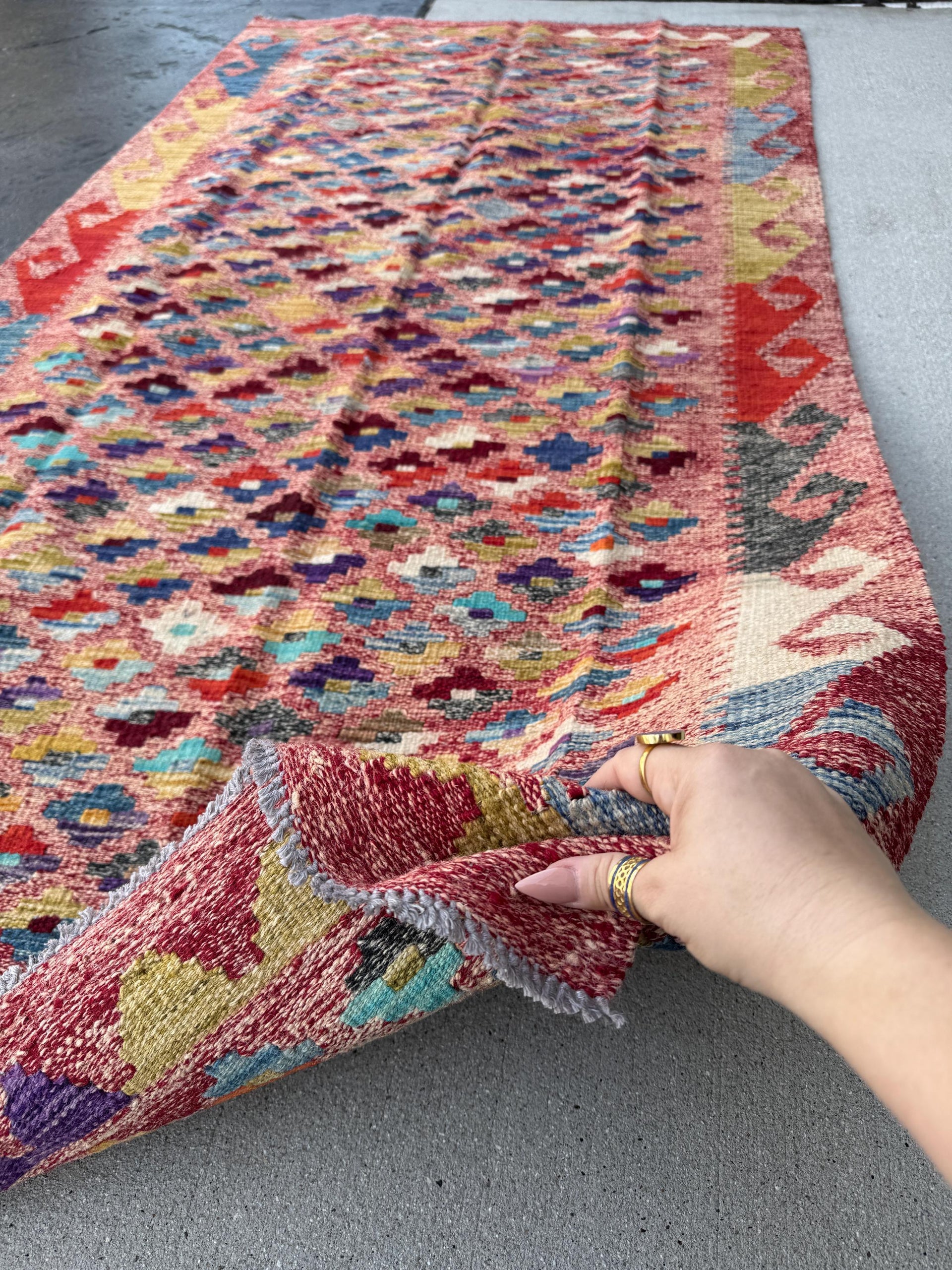 3x7 (91x1213) Handmade Afghan Kilim Rug | Rose Salmon Blush Pink Brick Wine Garnet Red Orange Denim Aqua Blue Olive Green Grey Yellow Cream