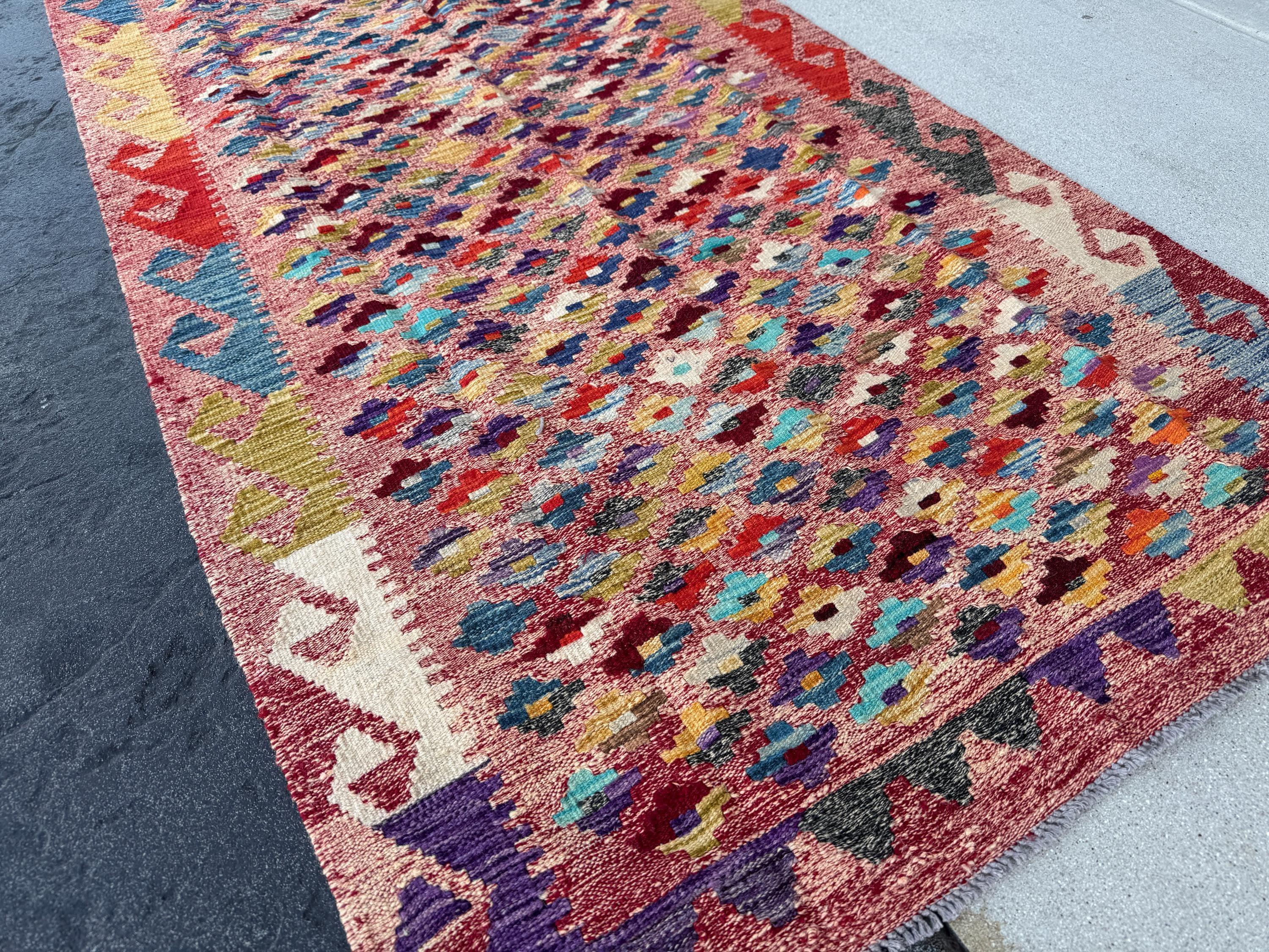 3x7 (91x1213) Handmade Afghan Kilim Rug | Rose Salmon Blush Pink Brick Wine Garnet Red Orange Denim Aqua Blue Olive Green Grey Yellow Cream