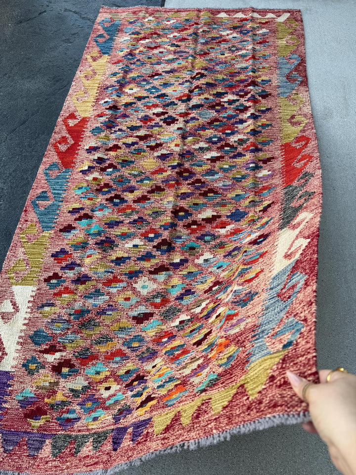 3x7 (91x1213) Handmade Afghan Kilim Rug | Rose Salmon Blush Pink Brick Wine Garnet Red Orange Denim Aqua Blue Olive Green Grey Yellow Cream