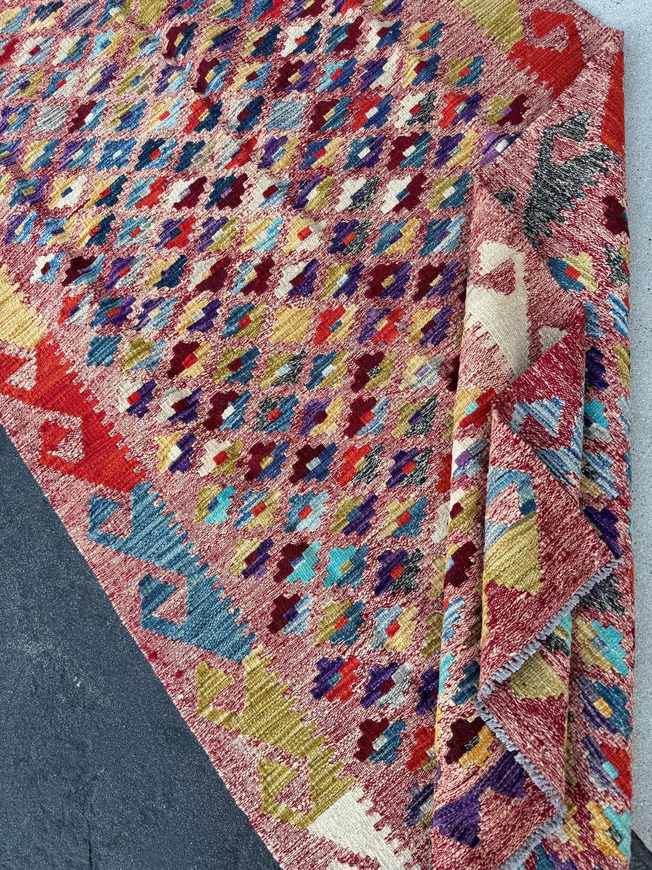 3x7 (91x1213) Handmade Afghan Kilim Rug | Rose Salmon Blush Pink Brick Wine Garnet Red Orange Denim Aqua Blue Olive Green Grey Yellow Cream