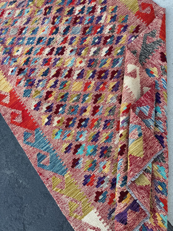 3x7 (91x1213) Handmade Afghan Kilim Rug | Rose Salmon Blush Pink Brick Wine Garnet Red Orange Denim Aqua Blue Olive Green Grey Yellow Cream