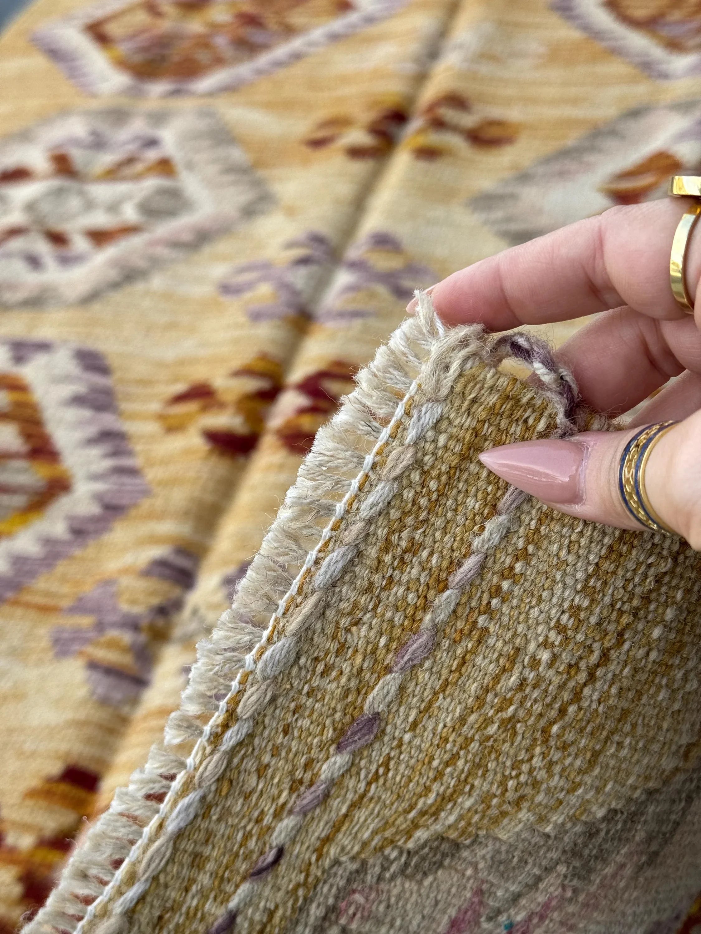 3x5 (91x152) Handmade Afghan Kilim Rug | Saffron Yellow Burnt Orange Tan Blush Pink Purple Lavender Grey White Cream | Wool Flatweave