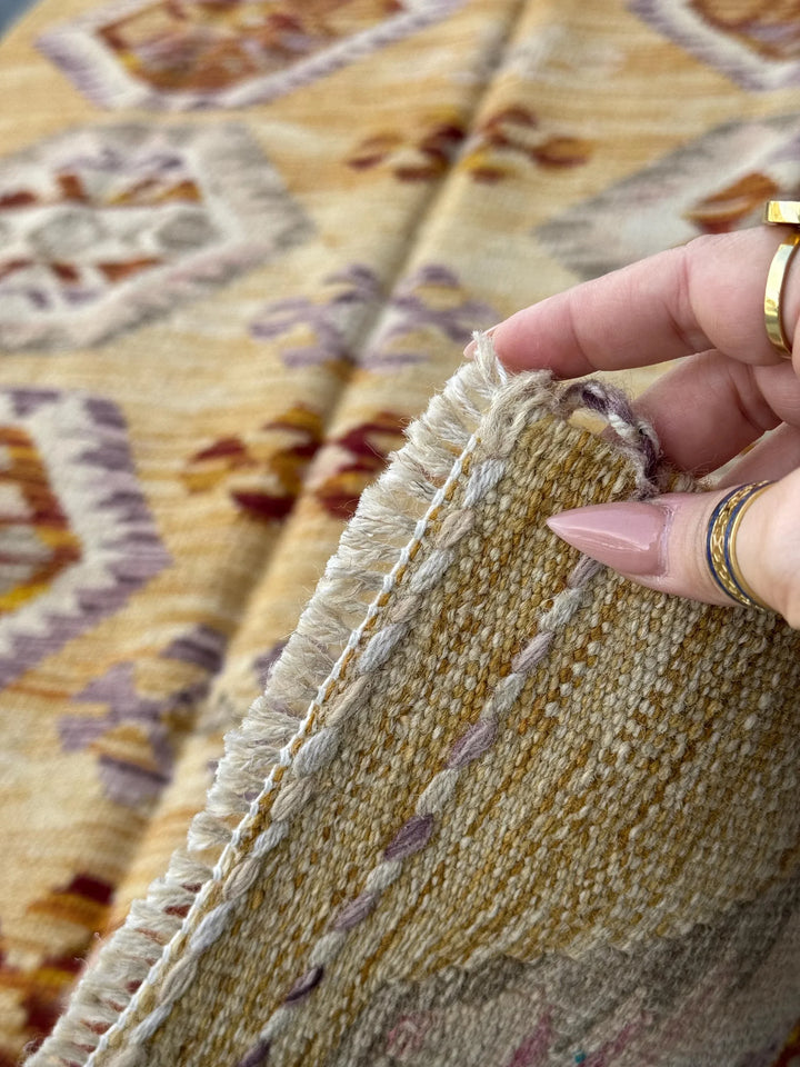 3x5 (91x152) Handmade Afghan Kilim Rug | Saffron Yellow Burnt Orange Tan Blush Pink Purple Lavender Grey White Cream | Wool Flatweave