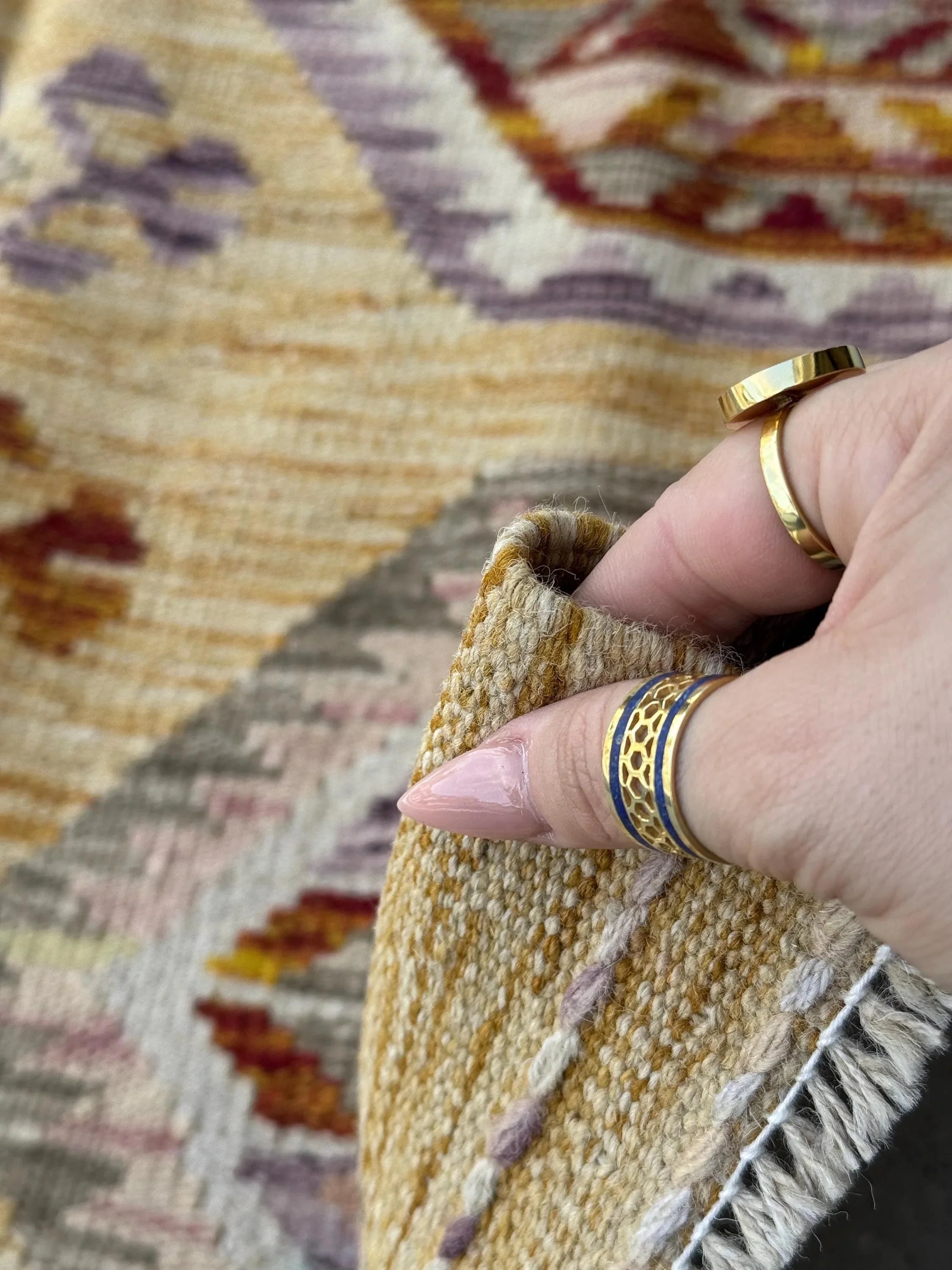 3x5 (91x152) Handmade Afghan Kilim Rug | Saffron Yellow Burnt Orange Tan Blush Pink Purple Lavender Grey White Cream | Wool Flatweave