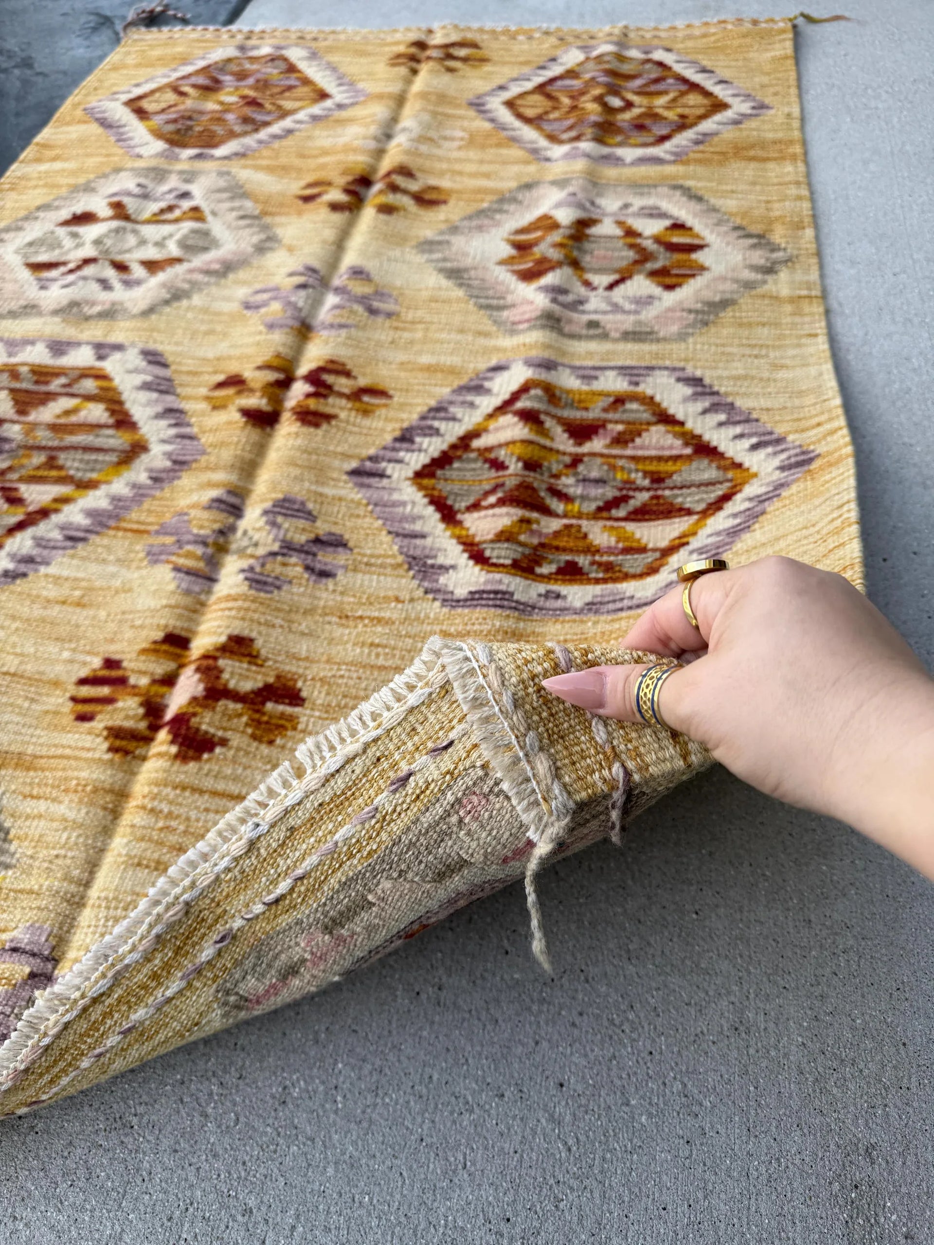 3x5 (91x152) Handmade Afghan Kilim Rug | Saffron Yellow Burnt Orange Tan Blush Pink Purple Lavender Grey White Cream | Wool Flatweave