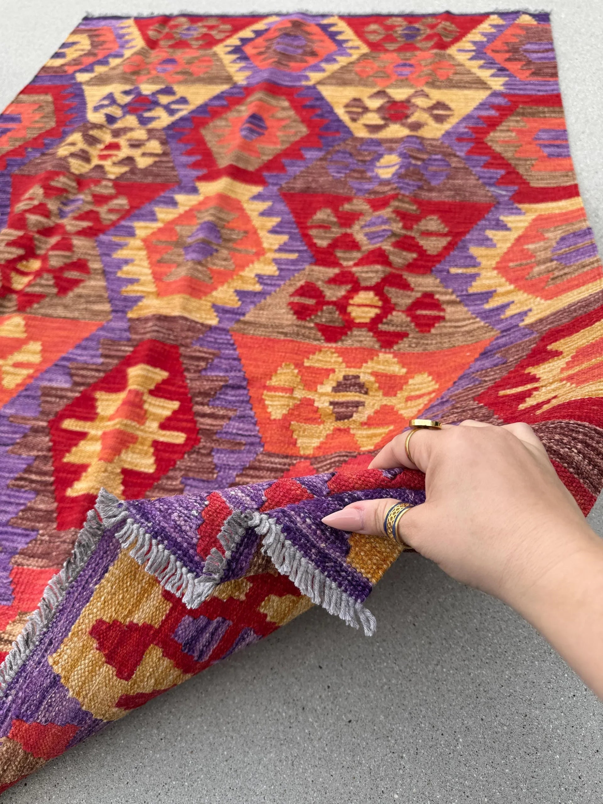 4x5 (121x152) Handmade Afghan Kilim Rug | Crimson Blood Brick Red Saffron Peach Coral Orange Purple Coffee Tan Brown | Wool Flatweave