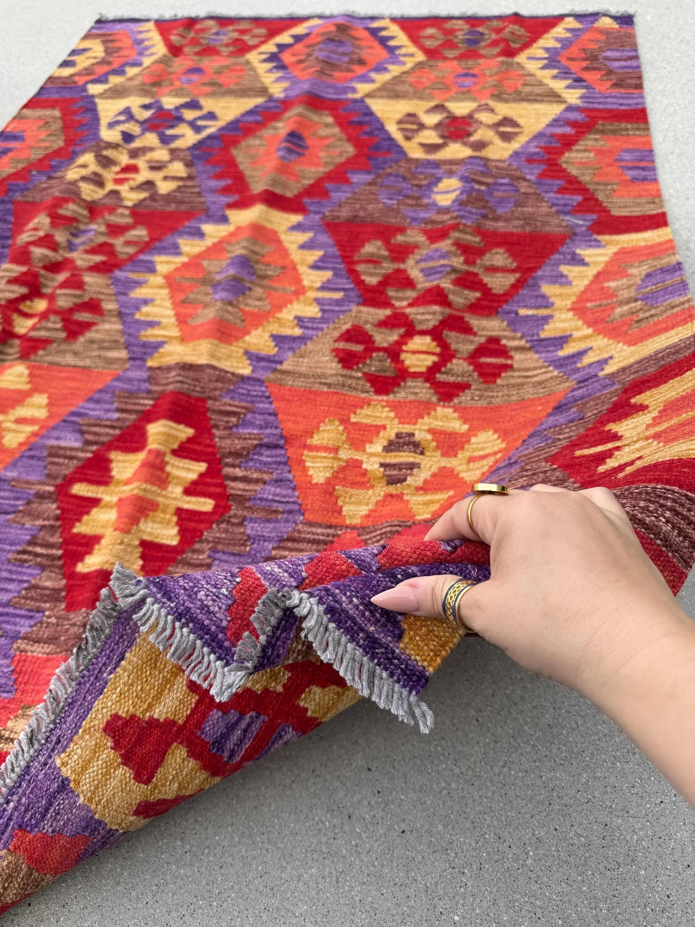 4x5 (121x152) Handmade Afghan Kilim Rug | Crimson Blood Brick Red Saffron Peach Coral Orange Purple Coffee Tan Brown | Wool Flatweave