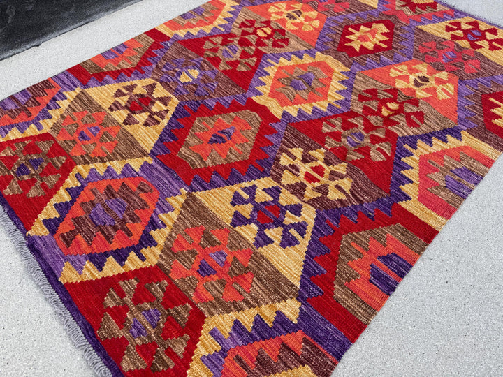 4x5 (121x152) Handmade Afghan Kilim Rug | Crimson Blood Brick Red Saffron Peach Coral Orange Purple Coffee Tan Brown | Wool Flatweave