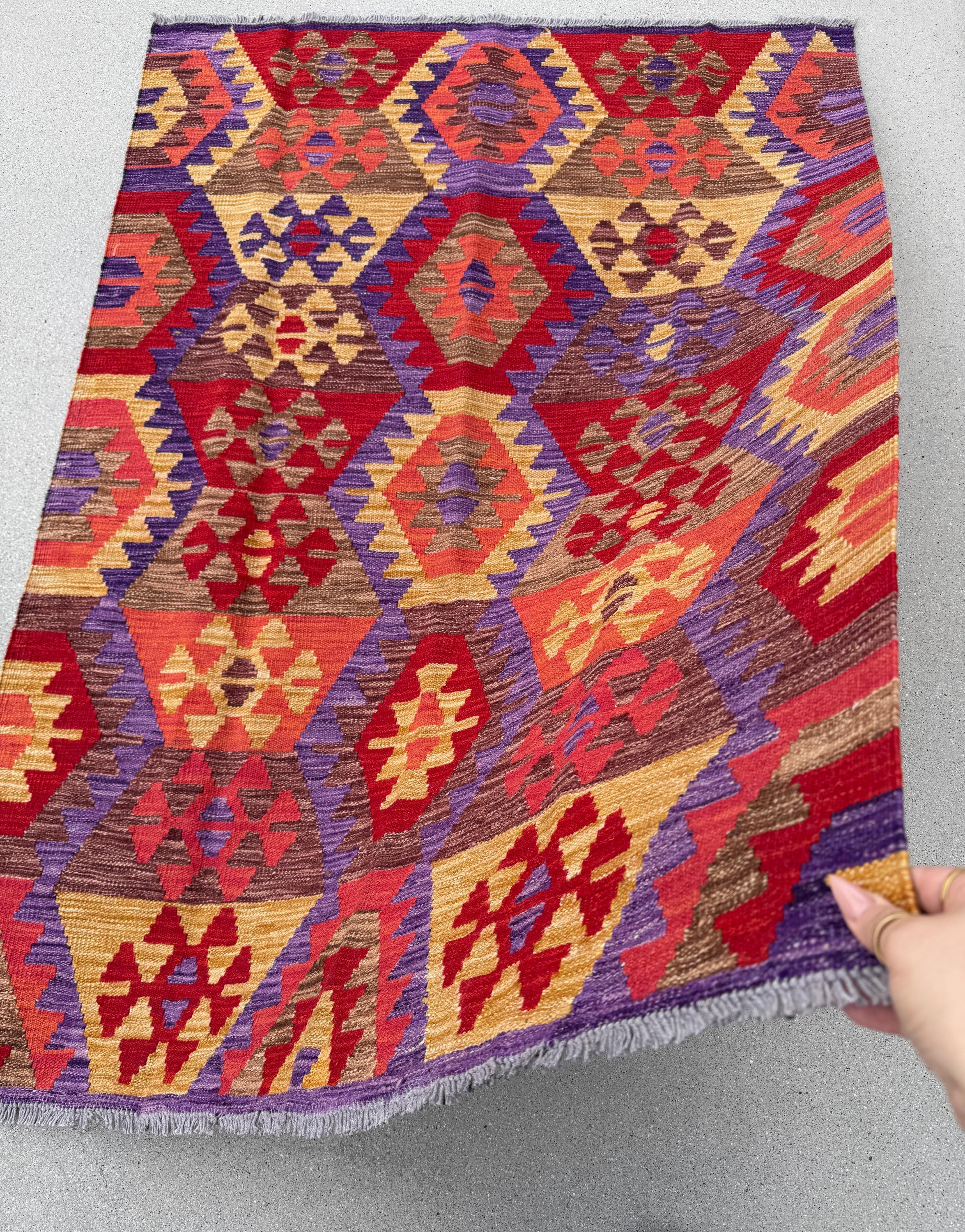 4x5 (121x152) Handmade Afghan Kilim Rug | Crimson Blood Brick Red Saffron Peach Coral Orange Purple Coffee Tan Brown | Wool Flatweave