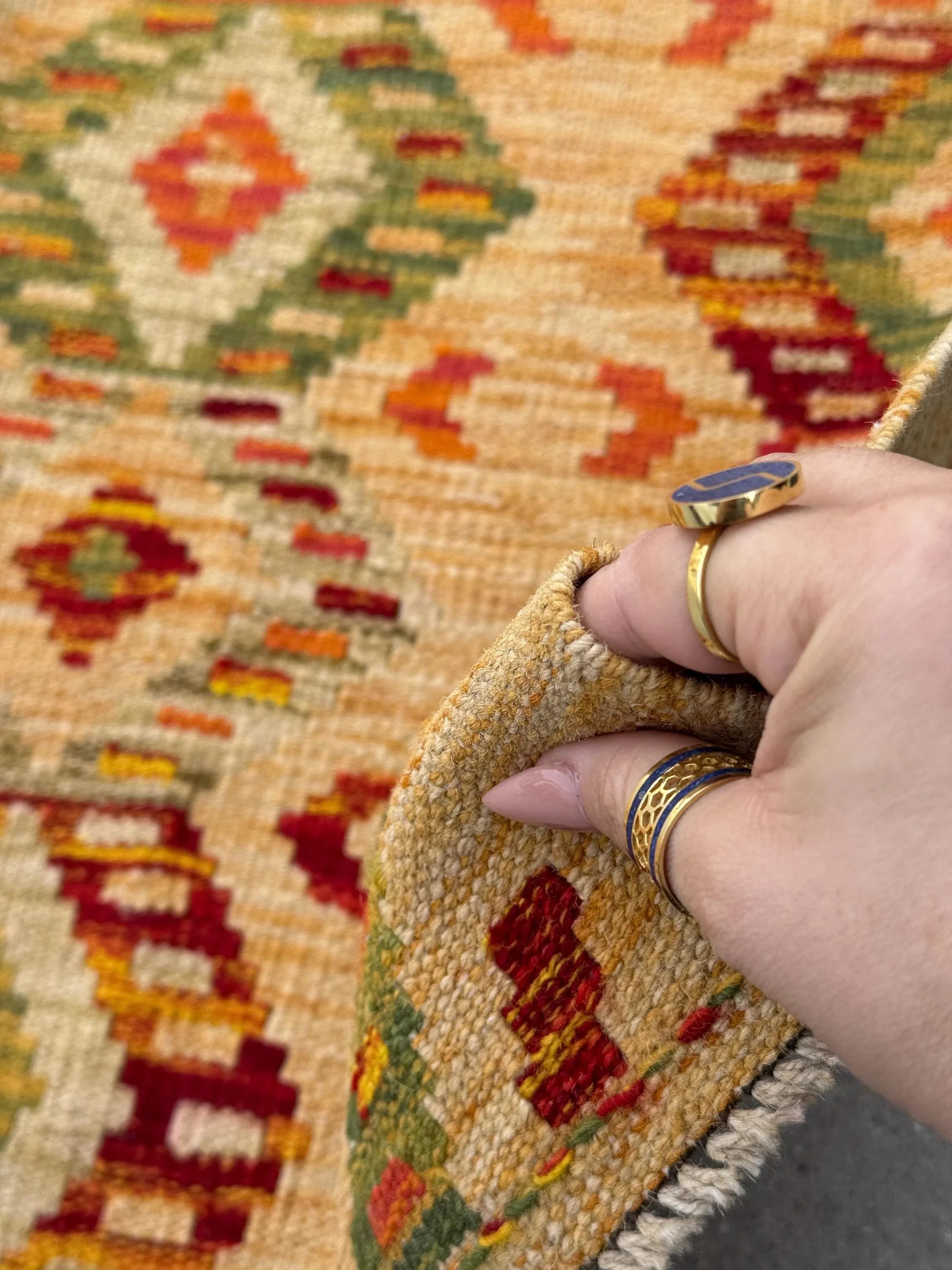 3x6-7 Handmade Afghan Kilim Rug | Mustard Yellow Gold Saffron Peach Burnt Orange Maroon Burgundy Wine Red Cream Tan Moss Green Taupe