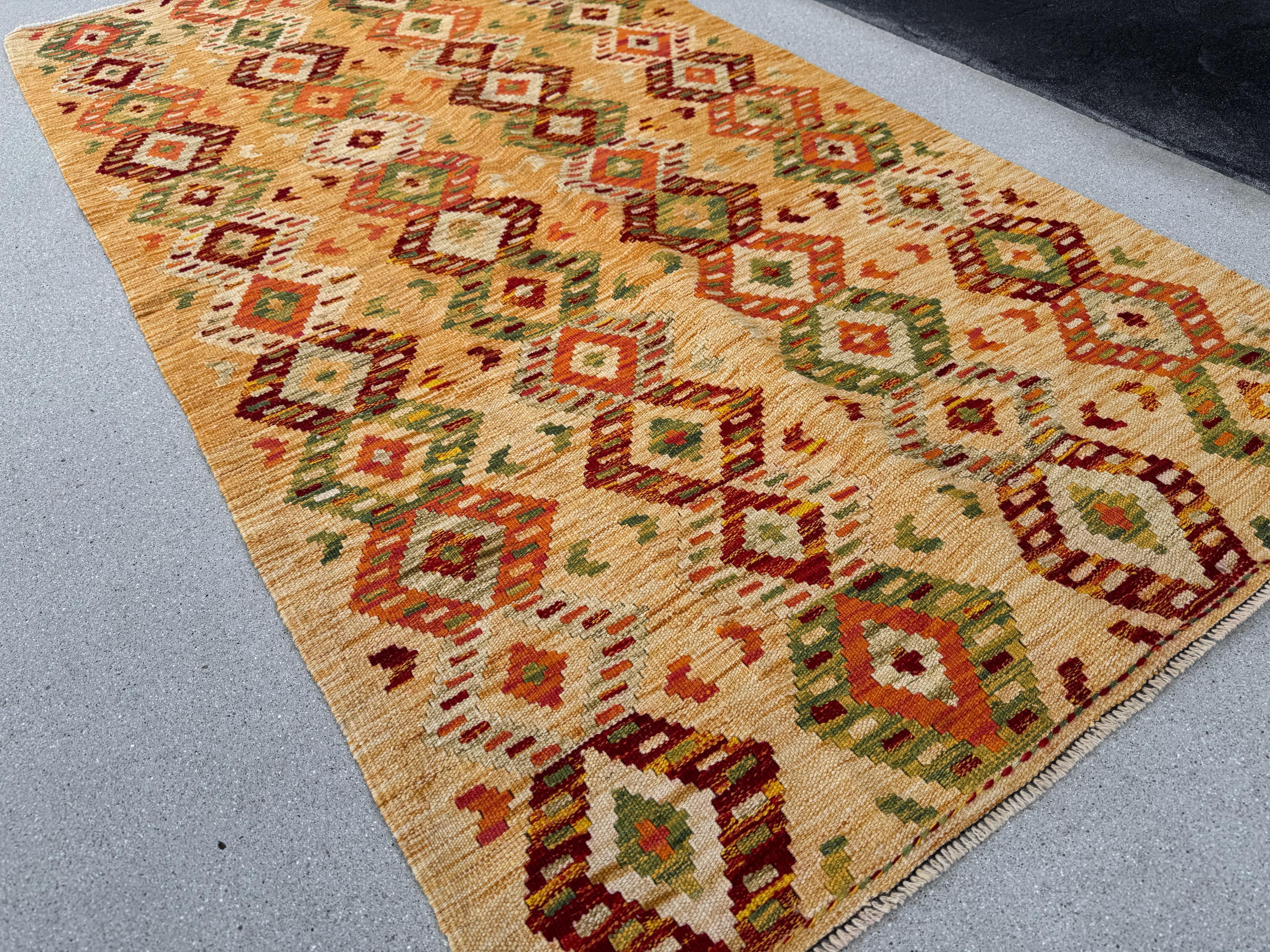3x6-7 Handmade Afghan Kilim Rug | Mustard Yellow Gold Saffron Peach Burnt Orange Maroon Burgundy Wine Red Cream Tan Moss Green Taupe