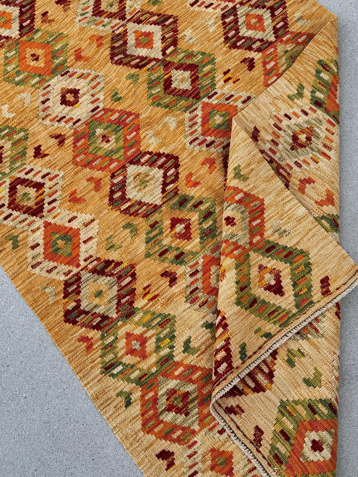 3x6-7 Handmade Afghan Kilim Rug | Mustard Yellow Gold Saffron Peach Burnt Orange Maroon Burgundy Wine Red Cream Tan Moss Green Taupe