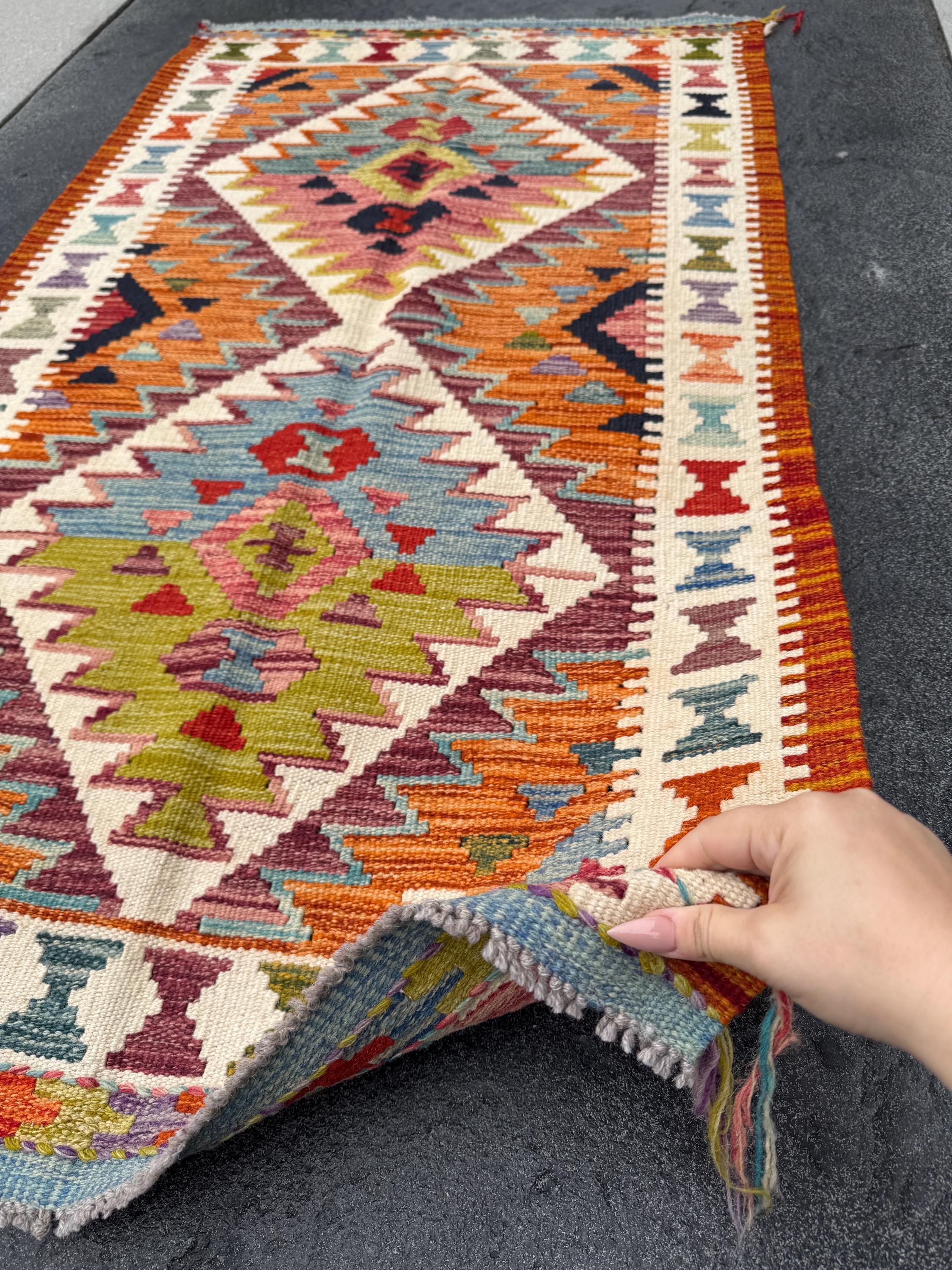 3x5 (91x152) Handmade Afghan Kilim Rug | Orange Burnt Scarlet Red Chartreuse Forest Green Cream Purple Denim Baby Blue Black Pink | Wool