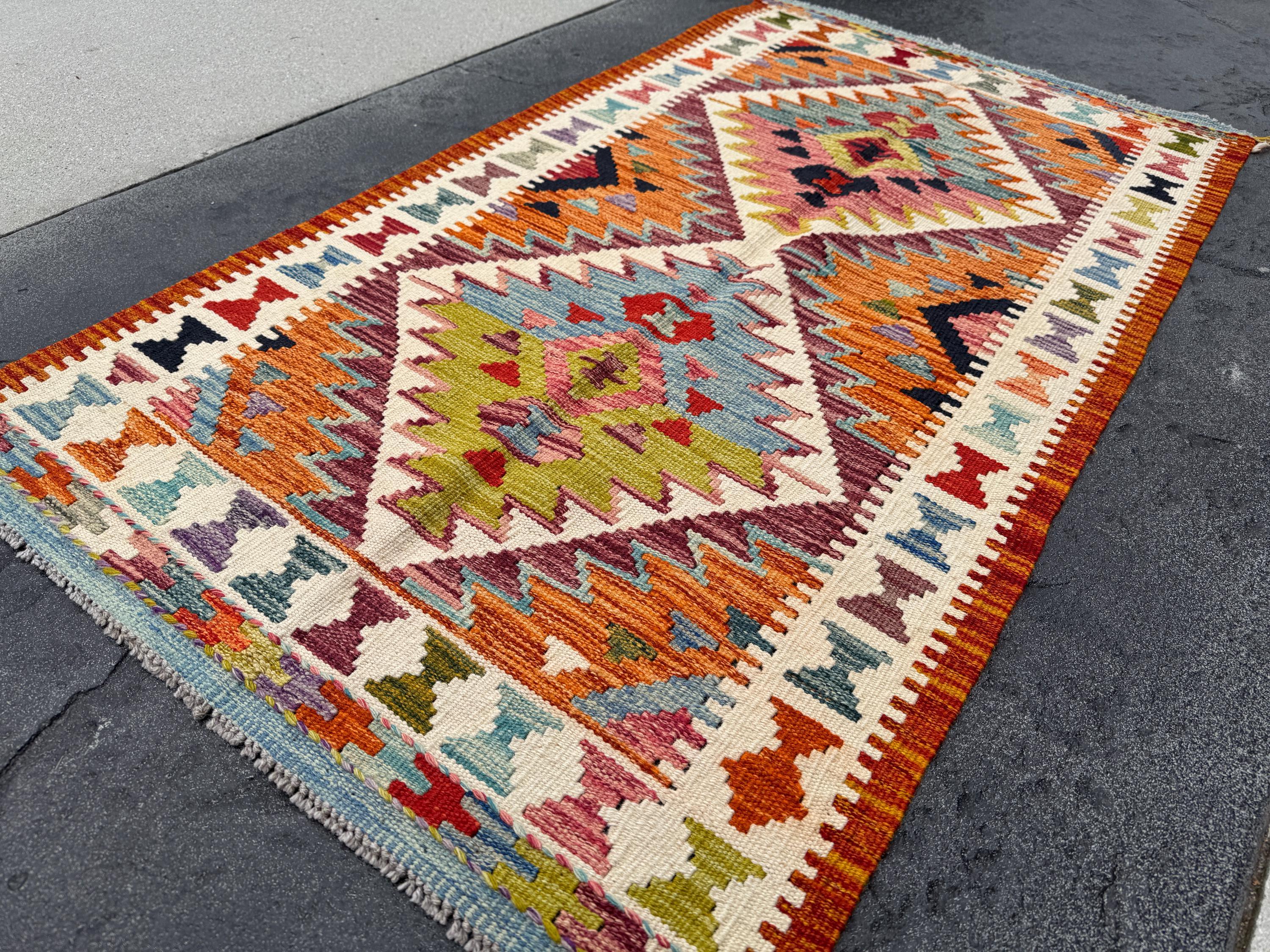 3x5 (91x152) Handmade Afghan Kilim Rug | Orange Burnt Scarlet Red Chartreuse Forest Green Cream Purple Denim Baby Blue Black Pink | Wool
