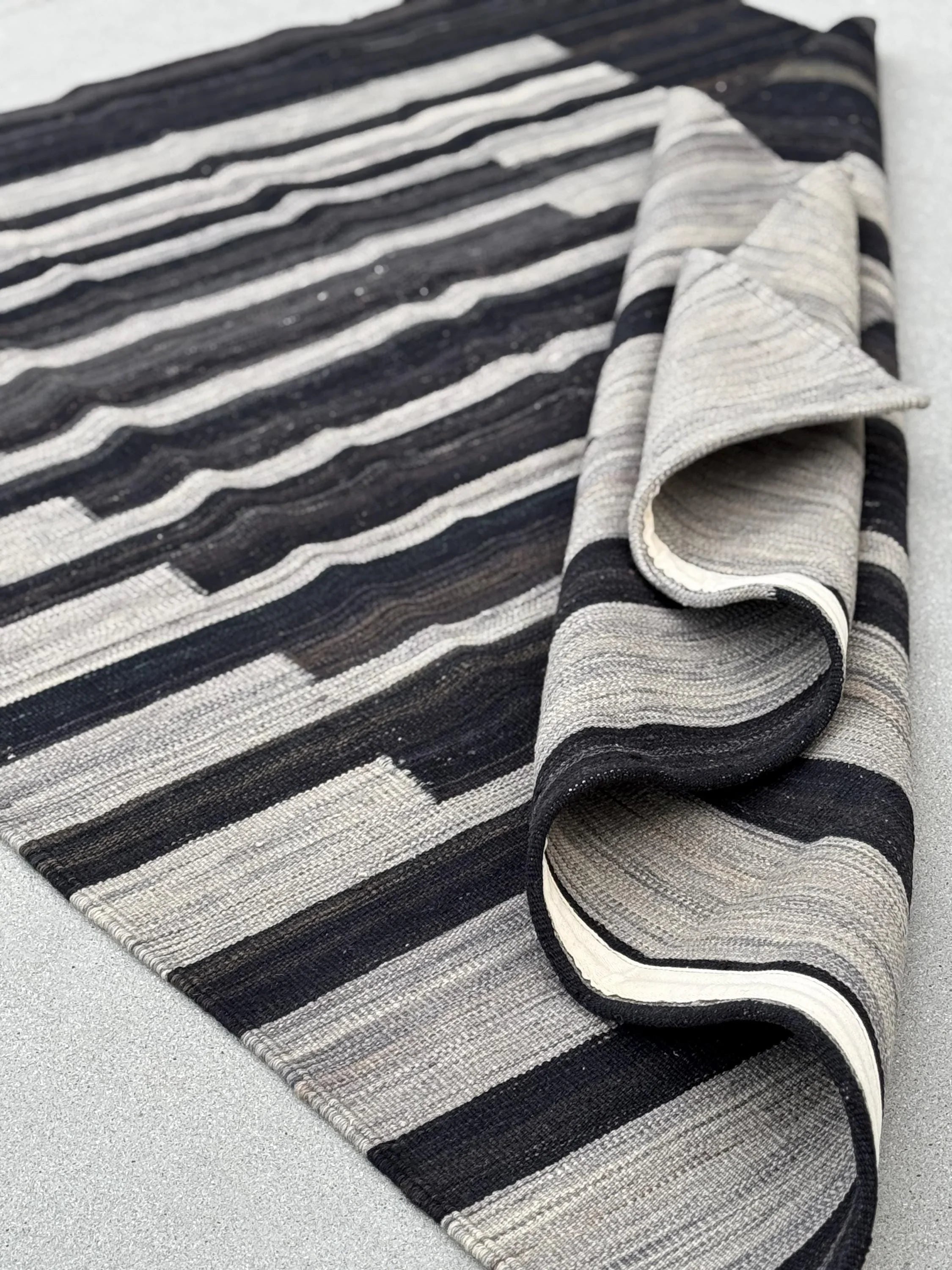 5x6 (152x182) Handmade Afghan Kilim Rug | Grey Gray Charcoal Slate Black Cream | Wool Flatweave Modern Minimalist Contemporary