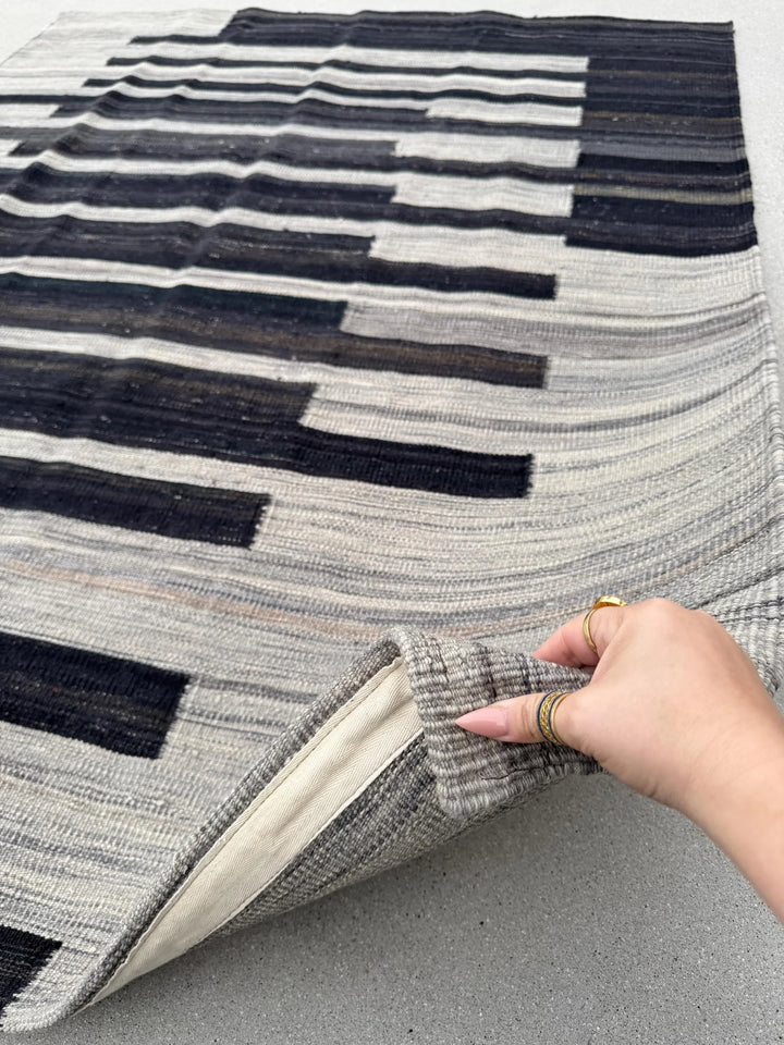 5x6 (152x182) Handmade Afghan Kilim Rug | Grey Gray Charcoal Slate Black Cream | Wool Flatweave Modern Minimalist Contemporary