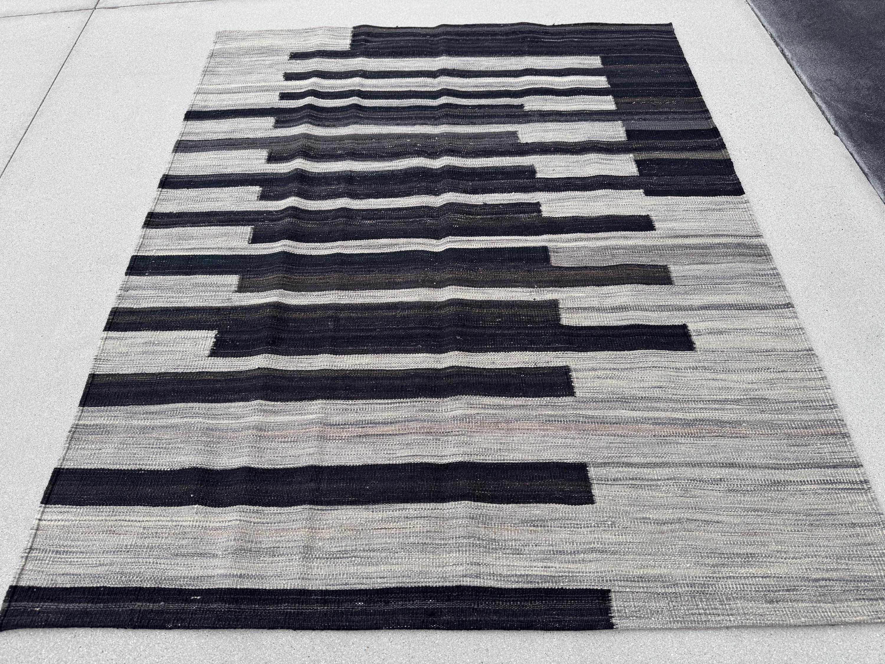 5x6 (152x182) Handmade Afghan Kilim Rug | Grey Gray Charcoal Slate Black Cream | Wool Flatweave Modern Minimalist Contemporary