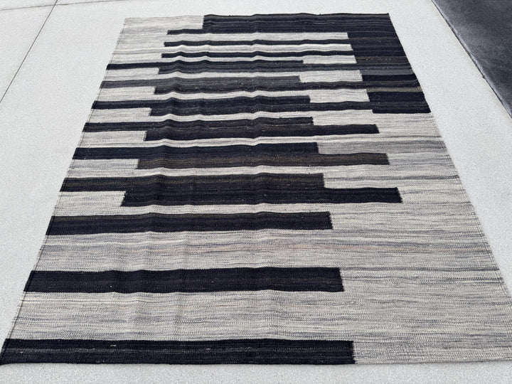 5x6 (152x182) Handmade Afghan Kilim Rug | Grey Gray Charcoal Slate Black Cream | Wool Flatweave Modern Minimalist Contemporary