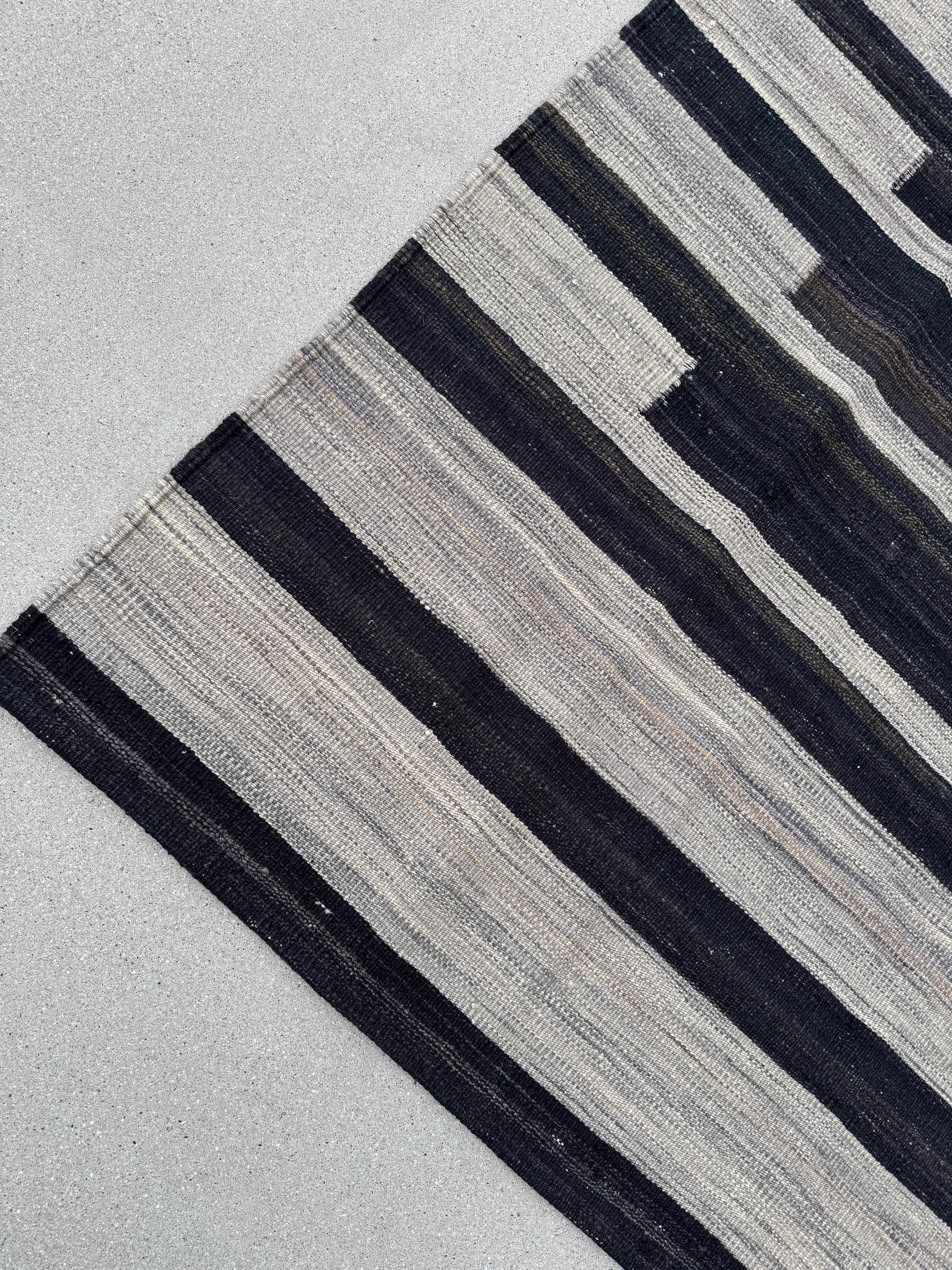 5x6 (152x182) Handmade Afghan Kilim Rug | Grey Gray Charcoal Slate Black Cream | Wool Flatweave Modern Minimalist Contemporary