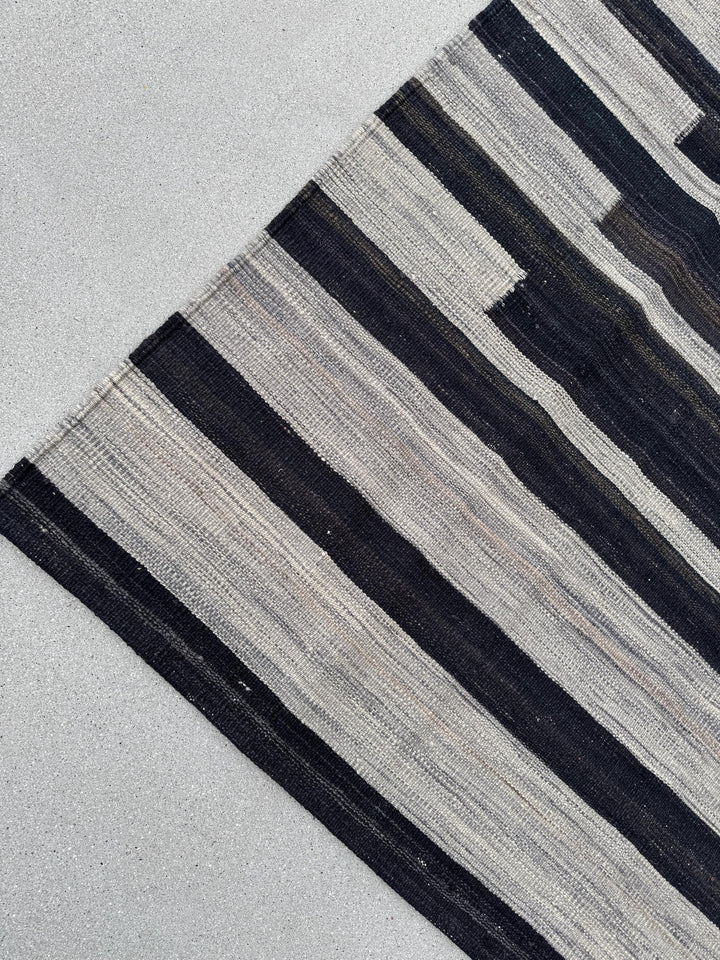 5x6 (152x182) Handmade Afghan Kilim Rug | Grey Gray Charcoal Slate Black Cream | Wool Flatweave Modern Minimalist Contemporary