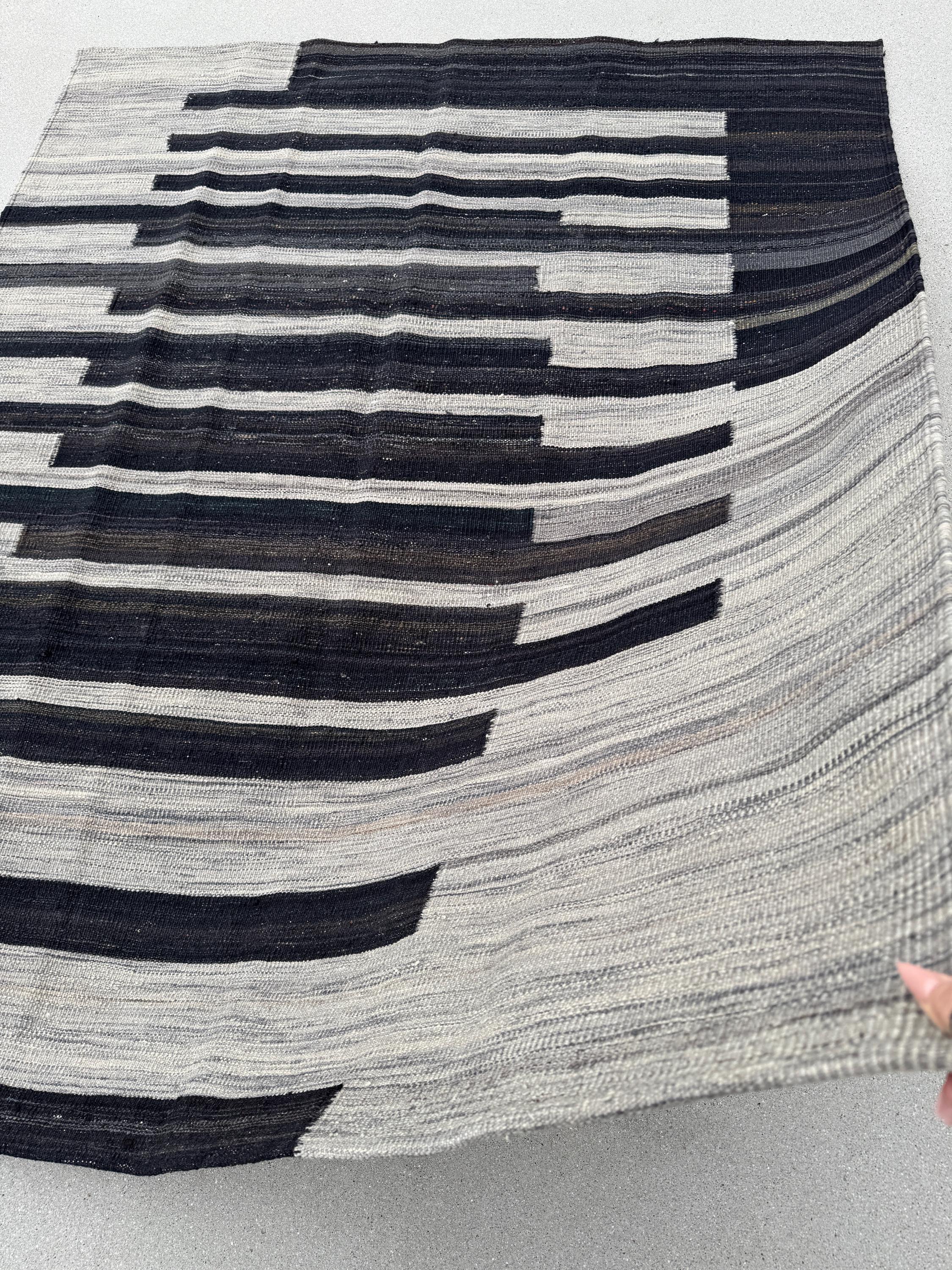 5x6 (152x182) Handmade Afghan Kilim Rug | Grey Gray Charcoal Slate Black Cream | Wool Flatweave Modern Minimalist Contemporary