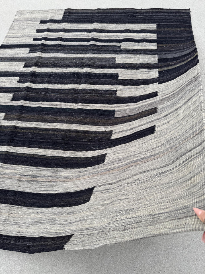5x6 (152x182) Handmade Afghan Kilim Rug | Grey Gray Charcoal Slate Black Cream | Wool Flatweave Modern Minimalist Contemporary