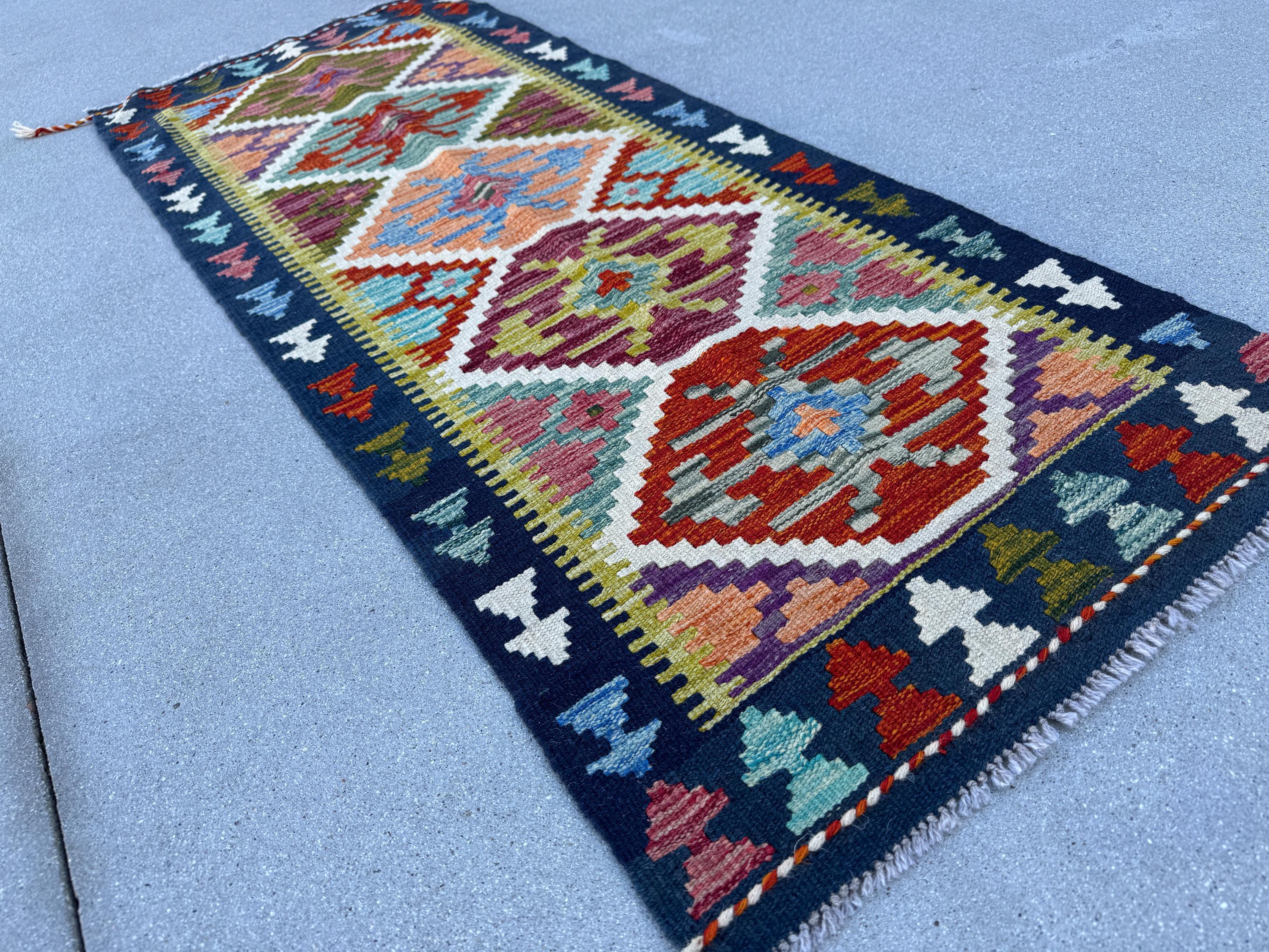 2x5 Handmade Afghan Kilim Runner Rug | Olive Moss Forest Green Cream White Navy Denim Teal Aqua Blue Peach Rust Orange Crimson Wine Red Wool