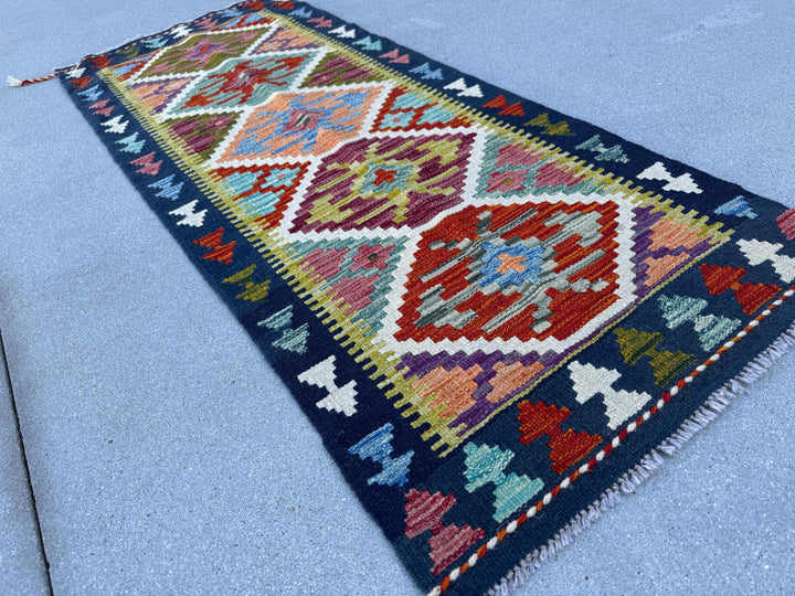 2x5 Handmade Afghan Kilim Runner Rug | Olive Moss Forest Green Cream White Navy Denim Teal Aqua Blue Peach Rust Orange Crimson Wine Red Wool