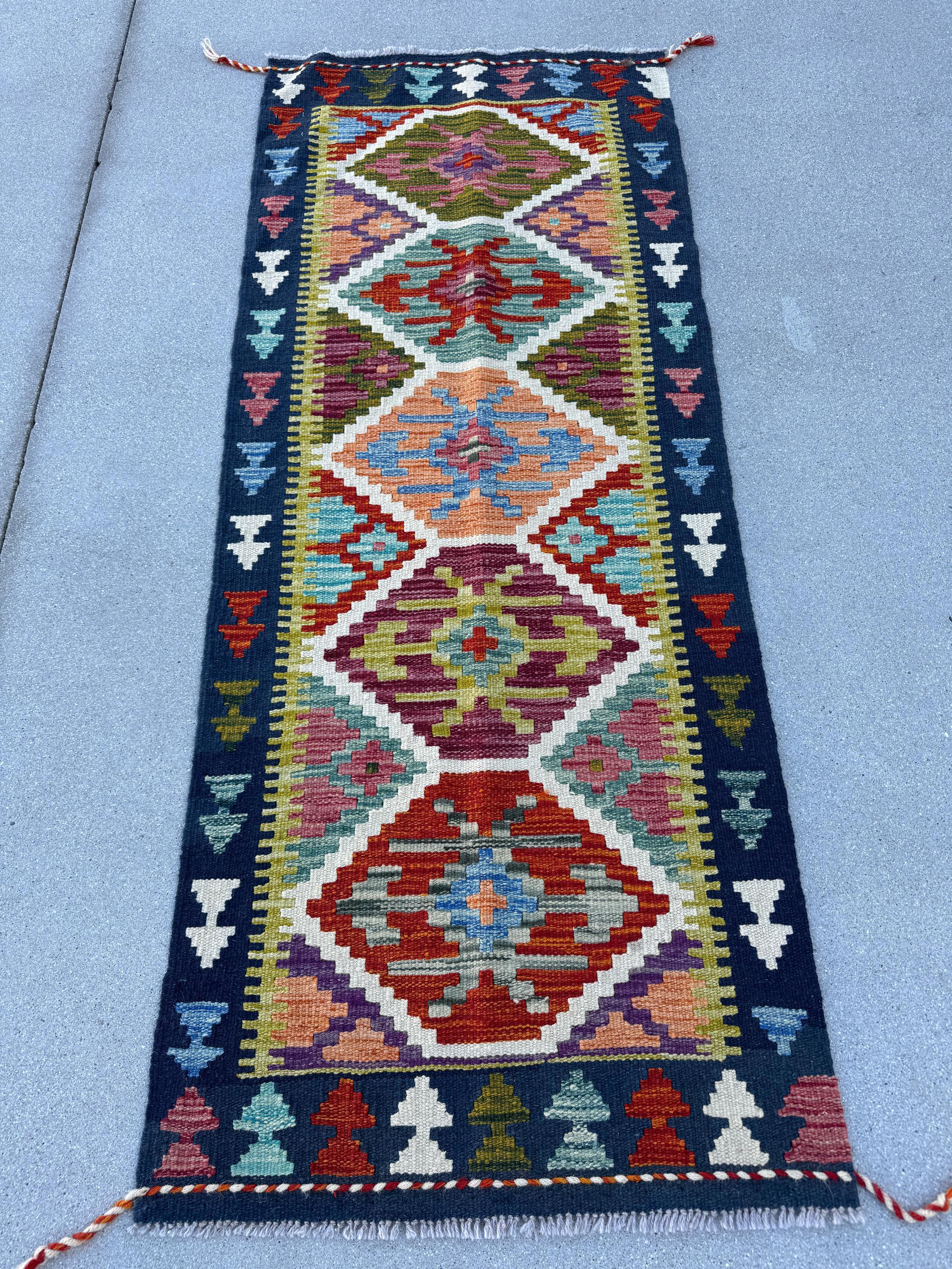 2x5 Handmade Afghan Kilim Runner Rug | Olive Moss Forest Green Cream White Navy Denim Teal Aqua Blue Peach Rust Orange Crimson Wine Red Wool