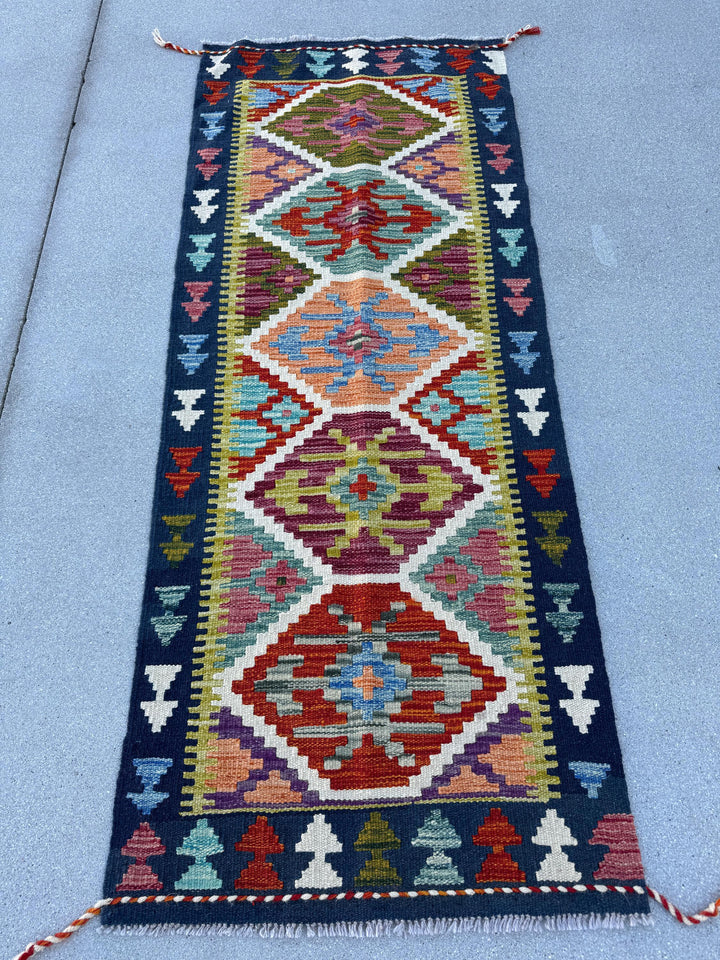 2x5 Handmade Afghan Kilim Runner Rug | Olive Moss Forest Green Cream White Navy Denim Teal Aqua Blue Peach Rust Orange Crimson Wine Red Wool