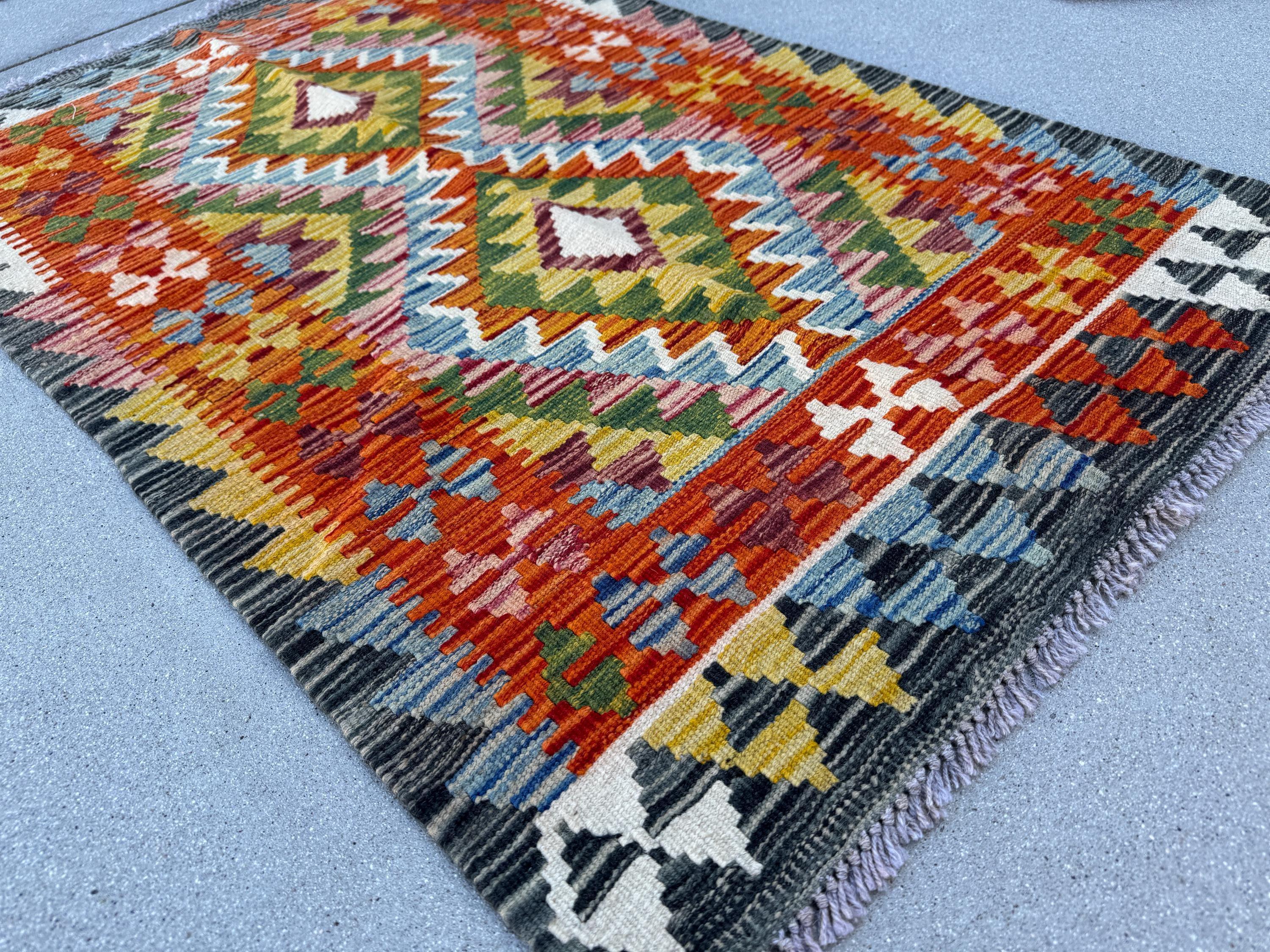 3x4 Handmade Afghan Kilim Runner Rug | Grey Burnt Orange Mustard Yellow Cream White Black Denim Blue Brick Wine Red Forest Green | Wool
