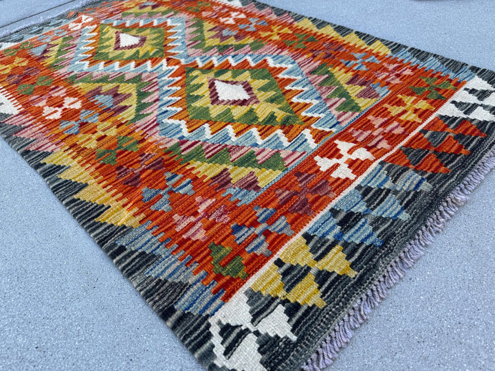 3x4 Handmade Afghan Kilim Runner Rug | Grey Burnt Orange Mustard Yellow Cream White Black Denim Blue Brick Wine Red Forest Green | Wool