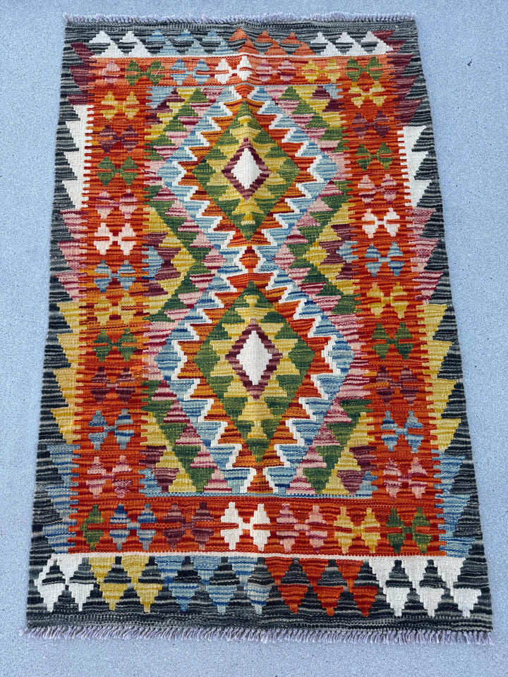 3x4 Handmade Afghan Kilim Runner Rug | Grey Burnt Orange Mustard Yellow Cream White Black Denim Blue Brick Wine Red Forest Green | Wool