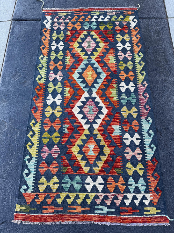 3x5 Handmade Afghan Kilim Runner Rug | Navy Prussian Denim Baby Blue Mint Olive Moss Forest Green White Brick Crimson Red Yellow Orange Wool