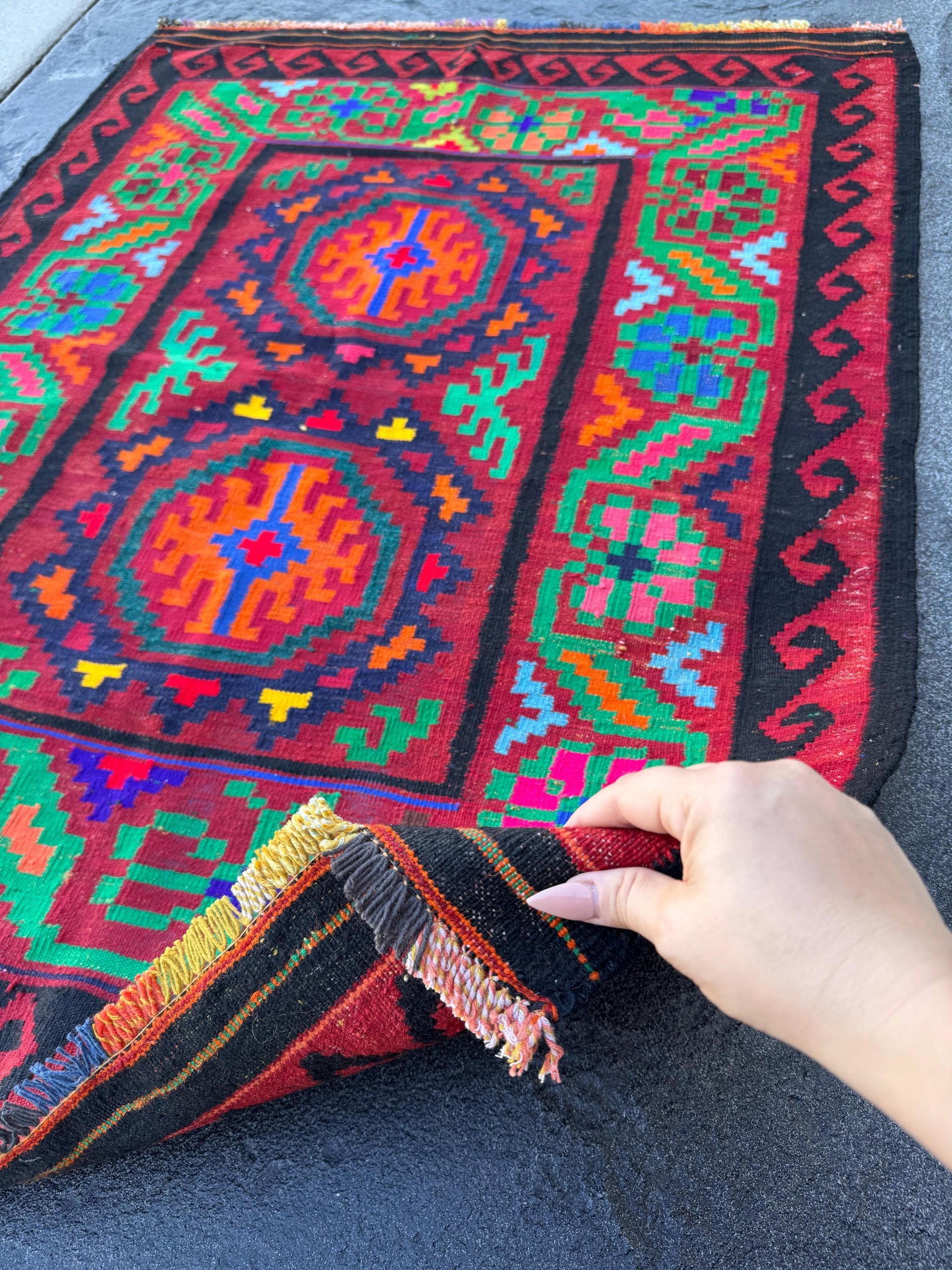 3x5 Handmade Afghan Kilim Runner Rug | Crimson Scarlet Blood Red Black Pine Lime Green Yellow Orange Fuchsia Pink Royal Navy Baby Blue Wool