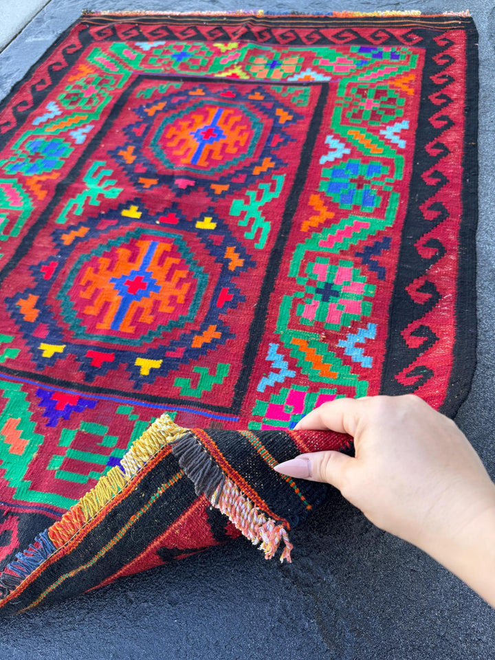 3x5 Handmade Afghan Kilim Runner Rug | Crimson Scarlet Blood Red Black Pine Lime Green Yellow Orange Fuchsia Pink Royal Navy Baby Blue Wool