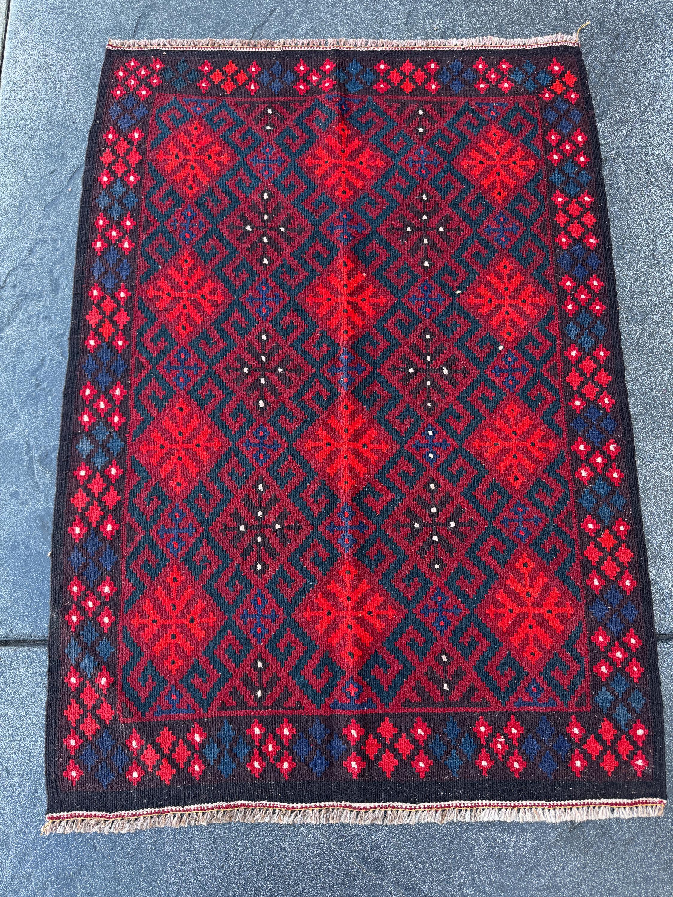 3x4 Handmade Afghan Kilim Rug | Crimson Blood Scarlet Red Navy Midnight Blue Cream White Chocolate Brown Black | Wool Flatweave