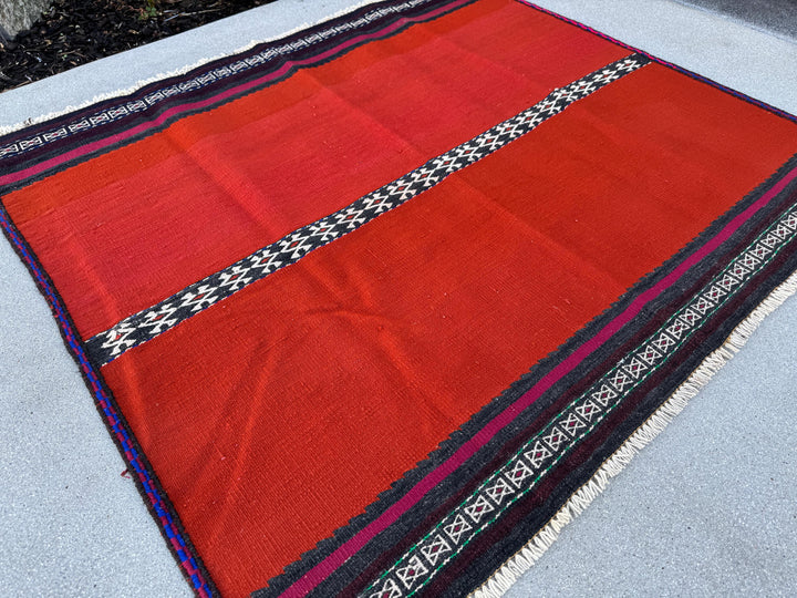 4x4 (121x121) Handmade Afghan Kilim Rug | Crimson Scarlet Wine Red White Ivory Black Navy Midnight Blue | Wool Flatweave Minimalist Boho