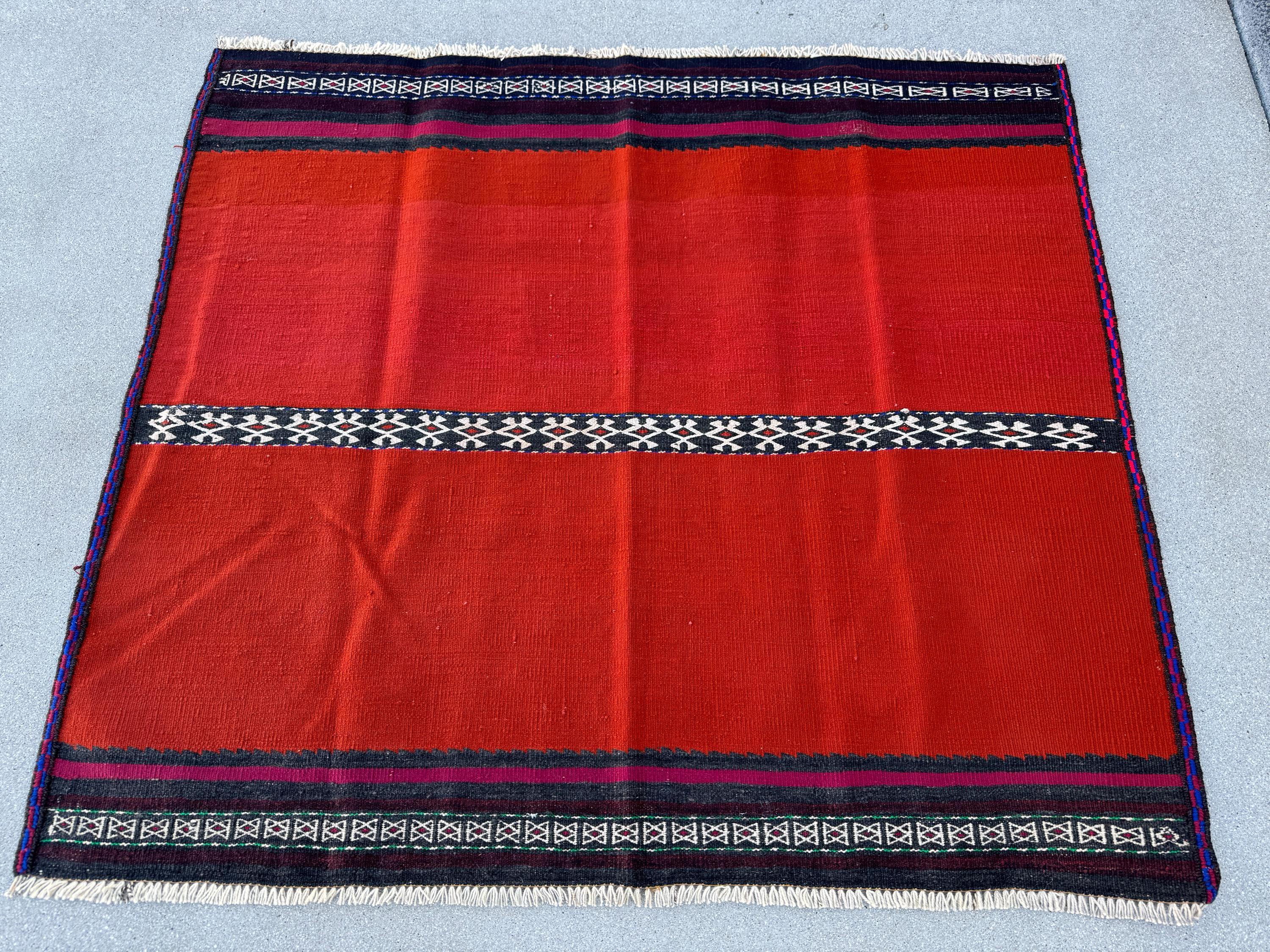 4x4 (121x121) Handmade Afghan Kilim Rug | Crimson Scarlet Wine Red White Ivory Black Navy Midnight Blue | Wool Flatweave Minimalist Boho