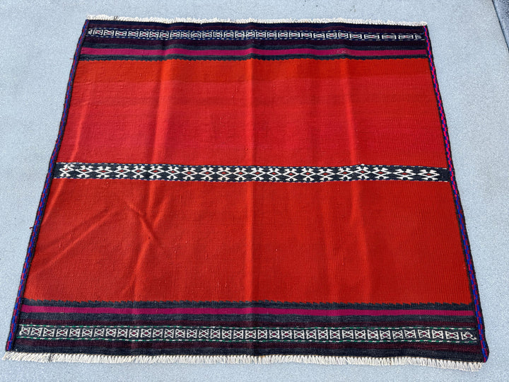 4x4 (121x121) Handmade Afghan Kilim Rug | Crimson Scarlet Wine Red White Ivory Black Navy Midnight Blue | Wool Flatweave Minimalist Boho
