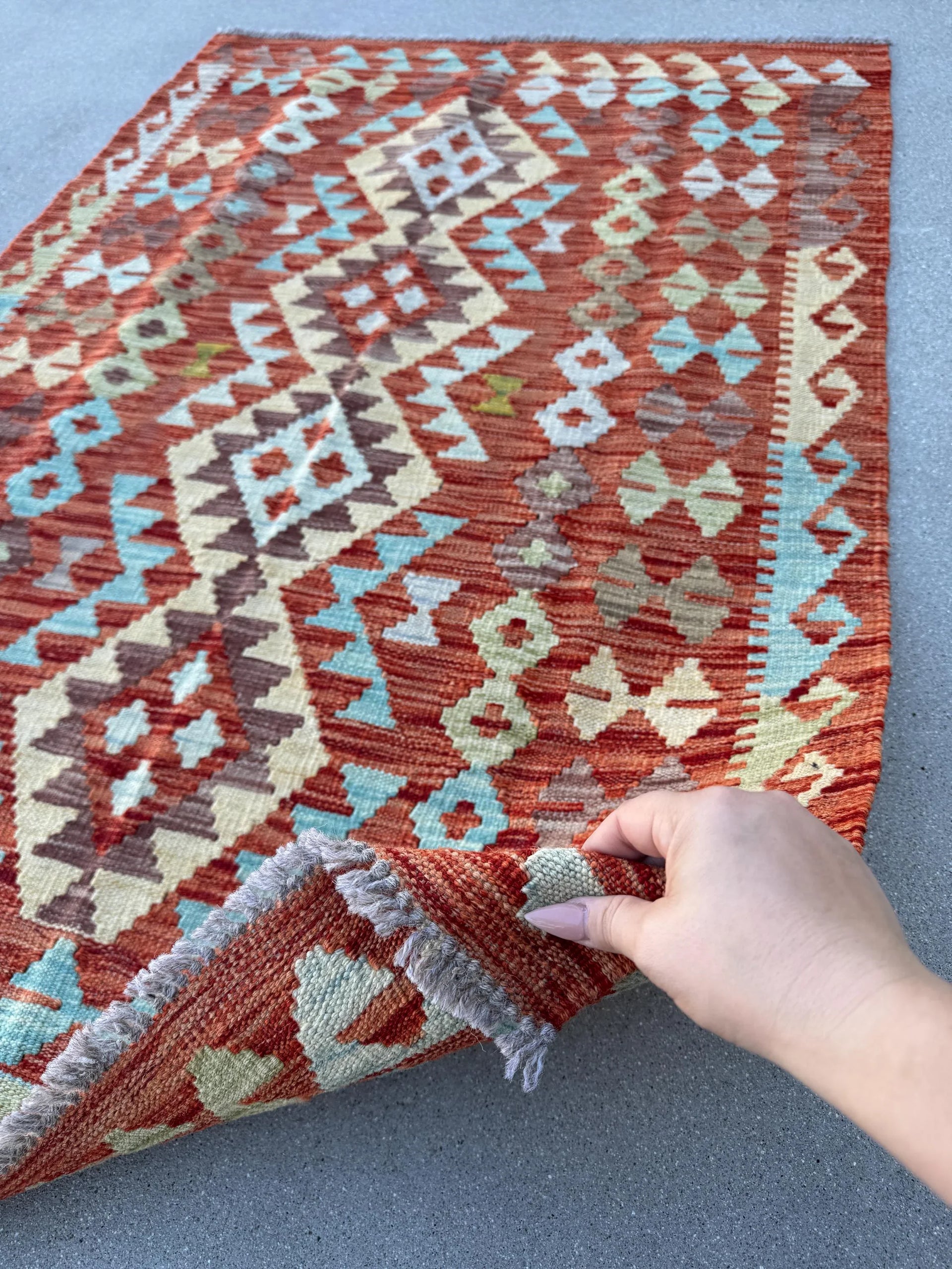 3x5 (91x152) Handmade Afghan Kilim Rug | Burnt Orange Rust Mint Sage Green Aqua Powder Blue Chocolate Brown Cream Cornsilk Yellow | Wool