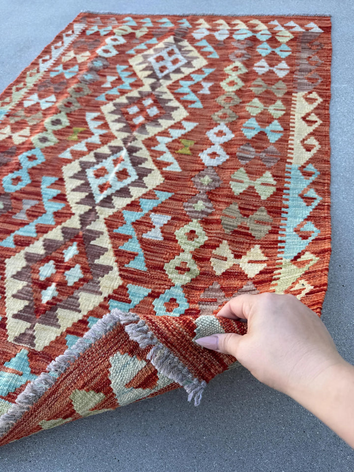 3x5 (91x152) Handmade Afghan Kilim Rug | Burnt Orange Rust Mint Sage Green Aqua Powder Blue Chocolate Brown Cream Cornsilk Yellow | Wool