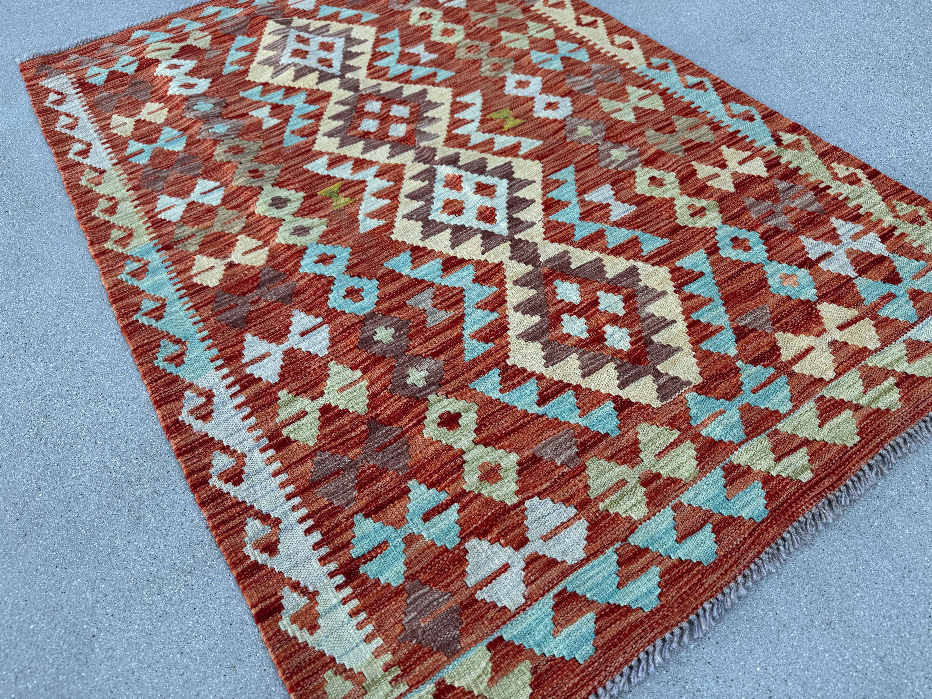 3x5 (91x152) Handmade Afghan Kilim Rug | Burnt Orange Rust Mint Sage Green Aqua Powder Blue Chocolate Brown Cream Cornsilk Yellow | Wool