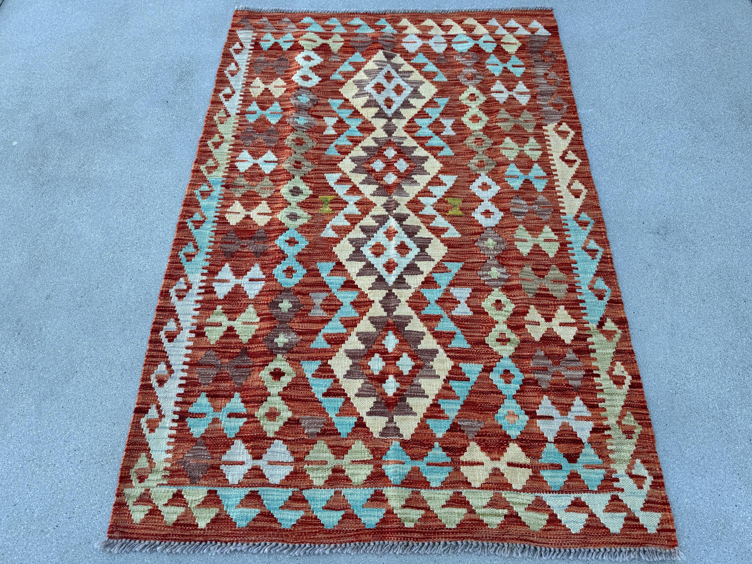 3x5 (91x152) Handmade Afghan Kilim Rug | Burnt Orange Rust Mint Sage Green Aqua Powder Blue Chocolate Brown Cream Cornsilk Yellow | Wool