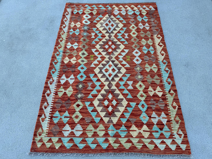 3x5 (91x152) Handmade Afghan Kilim Rug | Burnt Orange Rust Mint Sage Green Aqua Powder Blue Chocolate Brown Cream Cornsilk Yellow | Wool
