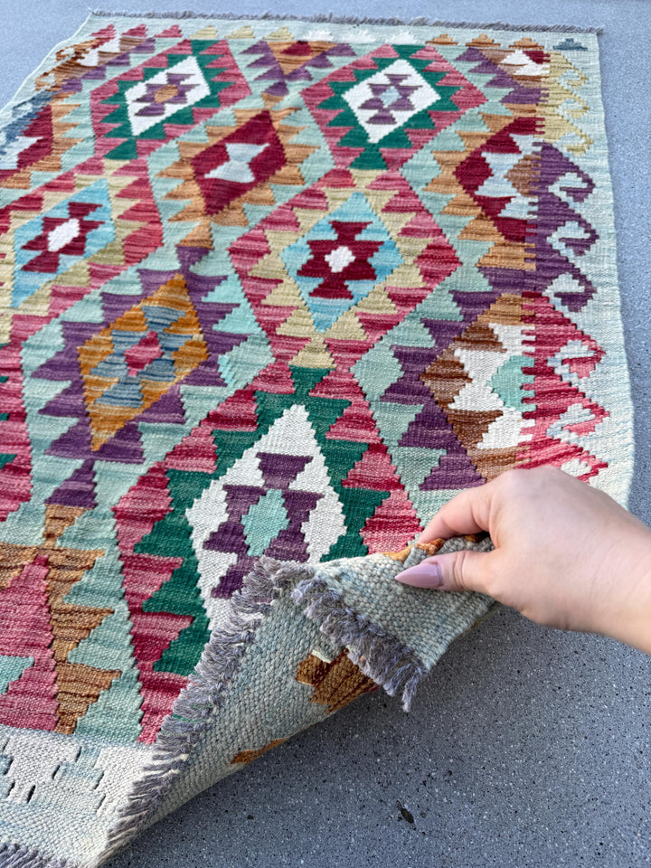 3-4x5 (100x152) Handmade Afghan Kilim Rug | Powder Aqua Dusty Teal Blue Forest Green Coffee Rust Brown White Ivory Purple Blood Wine Red