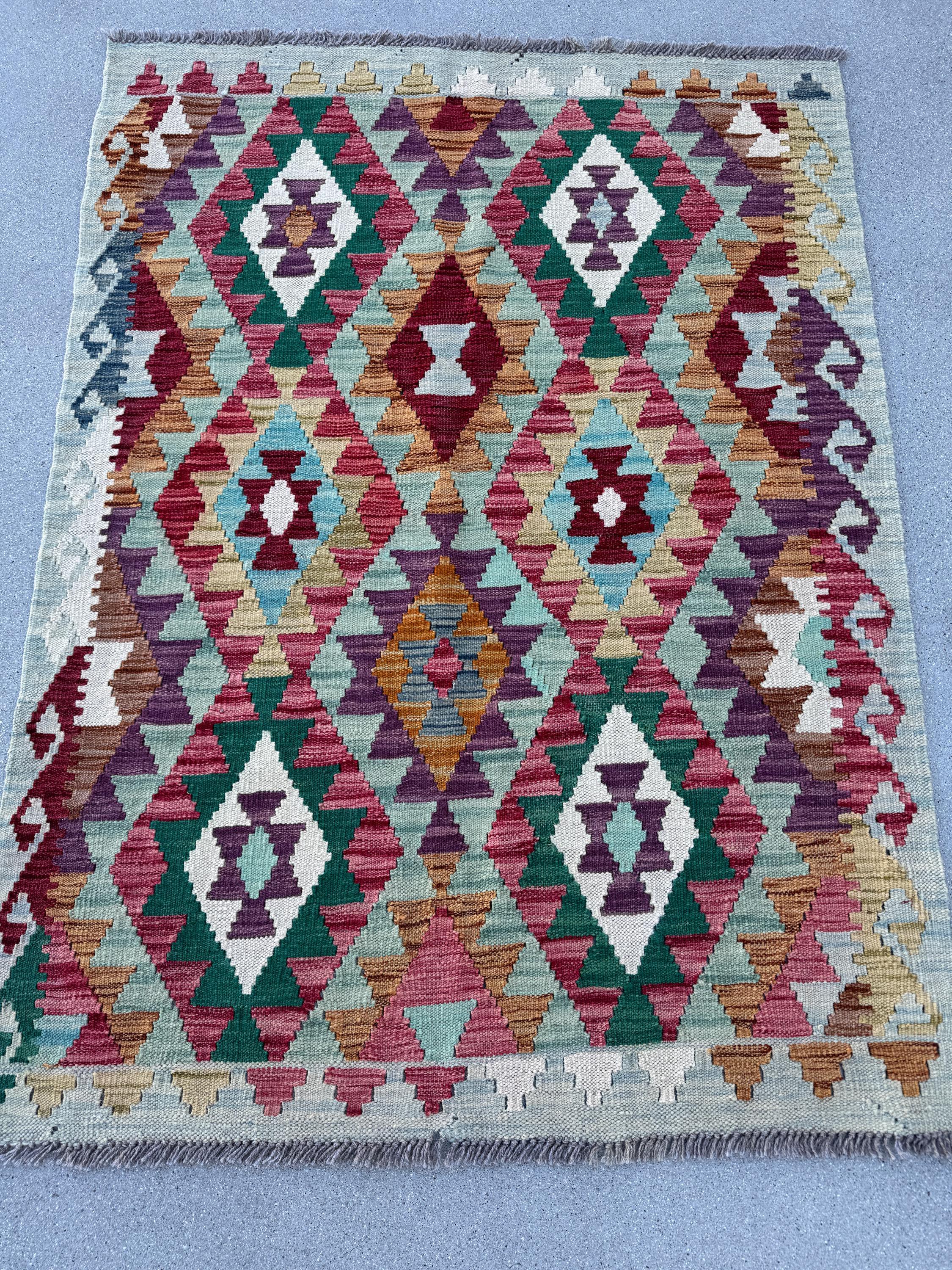 3-4x5 (100x152) Handmade Afghan Kilim Rug | Powder Aqua Dusty Teal Blue Forest Green Coffee Rust Brown White Ivory Purple Blood Wine Red