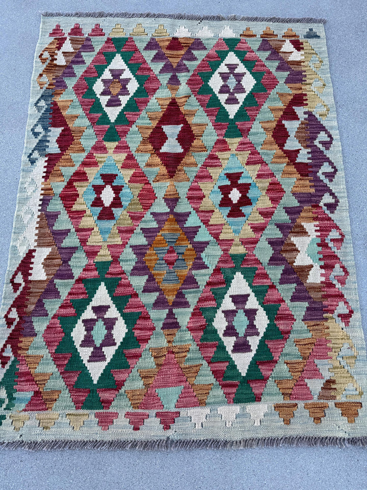 3-4x5 (100x152) Handmade Afghan Kilim Rug | Powder Aqua Dusty Teal Blue Forest Green Coffee Rust Brown White Ivory Purple Blood Wine Red